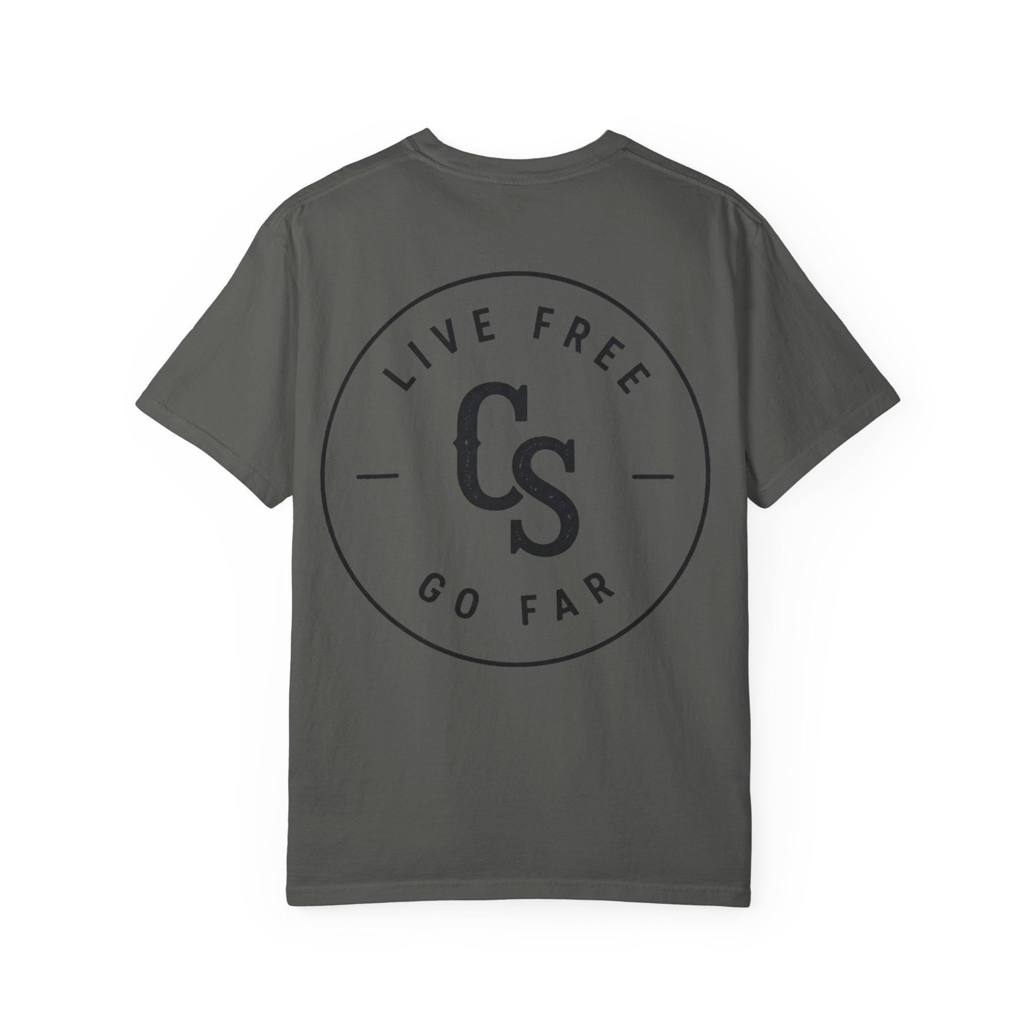 Live Free Go Far CS Logo T-Shirt | Circular Badge Chest & Back Print
