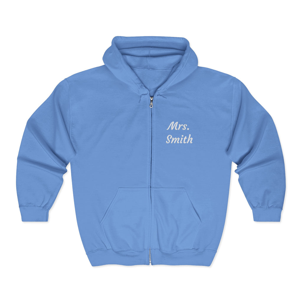 Personalized Mrs. Smith Embroidered Zip-Up Hoodie — Custom Teacher & Bride Gift