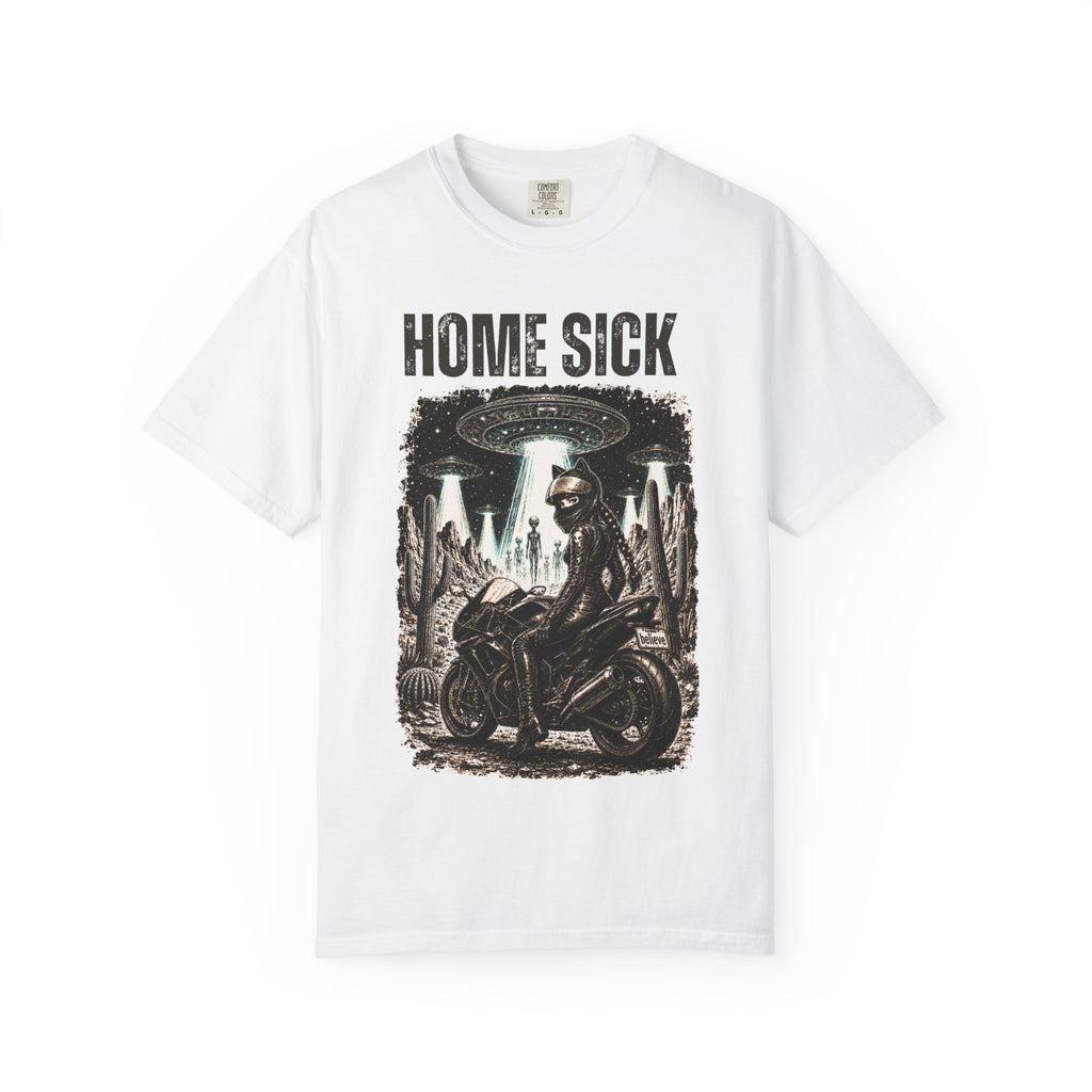 Home Sick Motorcycle UFO T‑Shirt — Alien Abduction Biker Graphic Tee