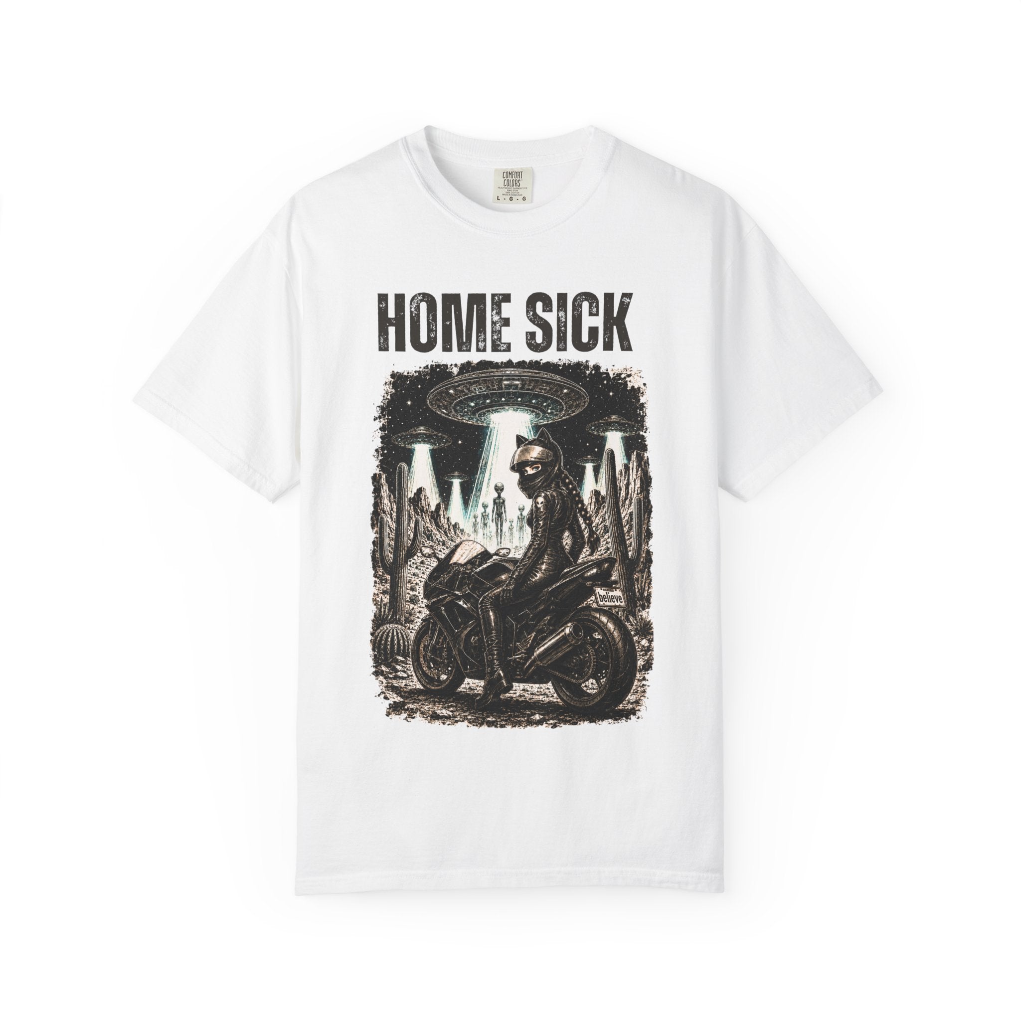 Home Sick Motorcycle UFO T‑Shirt — Alien Abduction Biker Graphic Tee