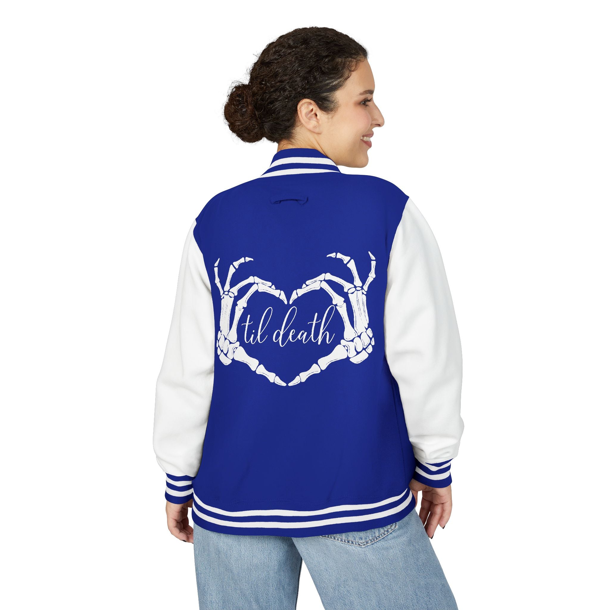 Mrs. Letterman Jacket — 'Til Death Skeleton Heart Hands Varsity Jacket