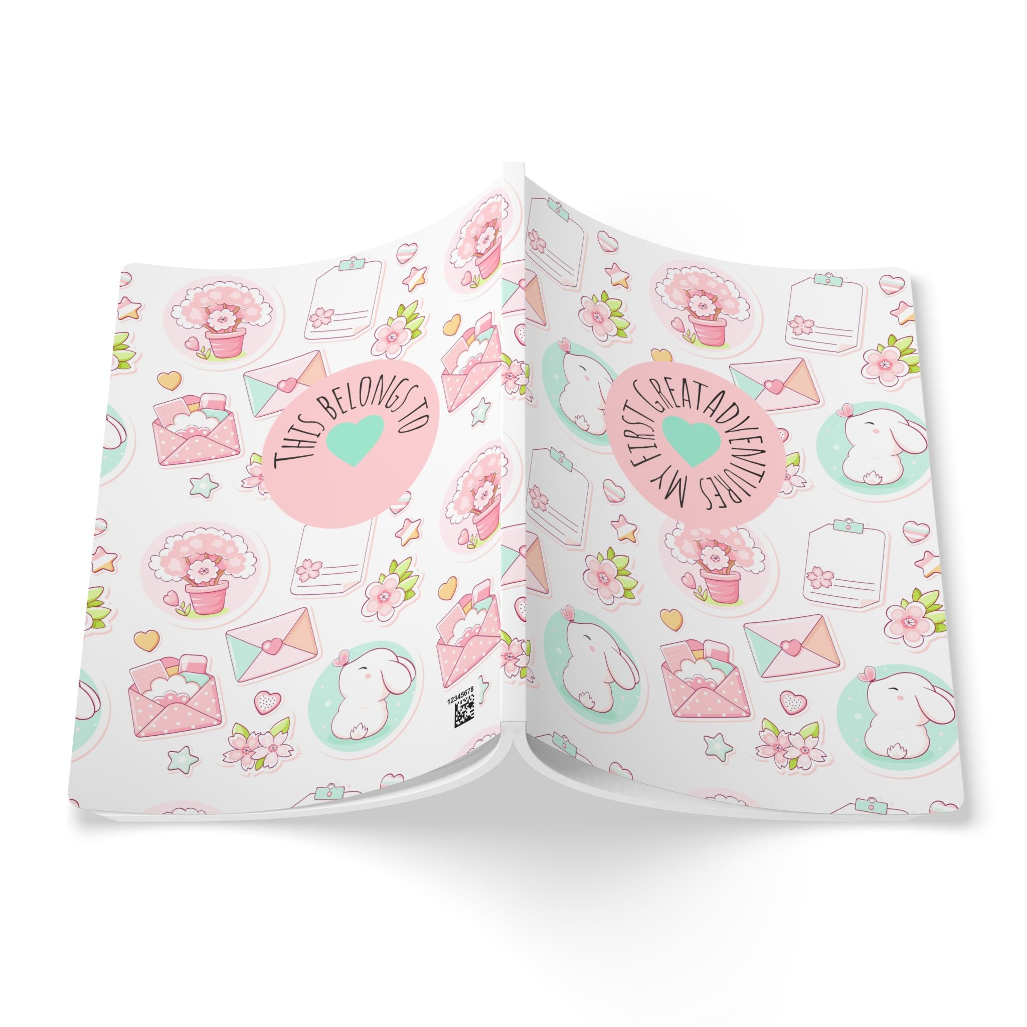 Cute Pastel Bunny Softcover Journal  | My Great Adventures Floral & Letter Pattern