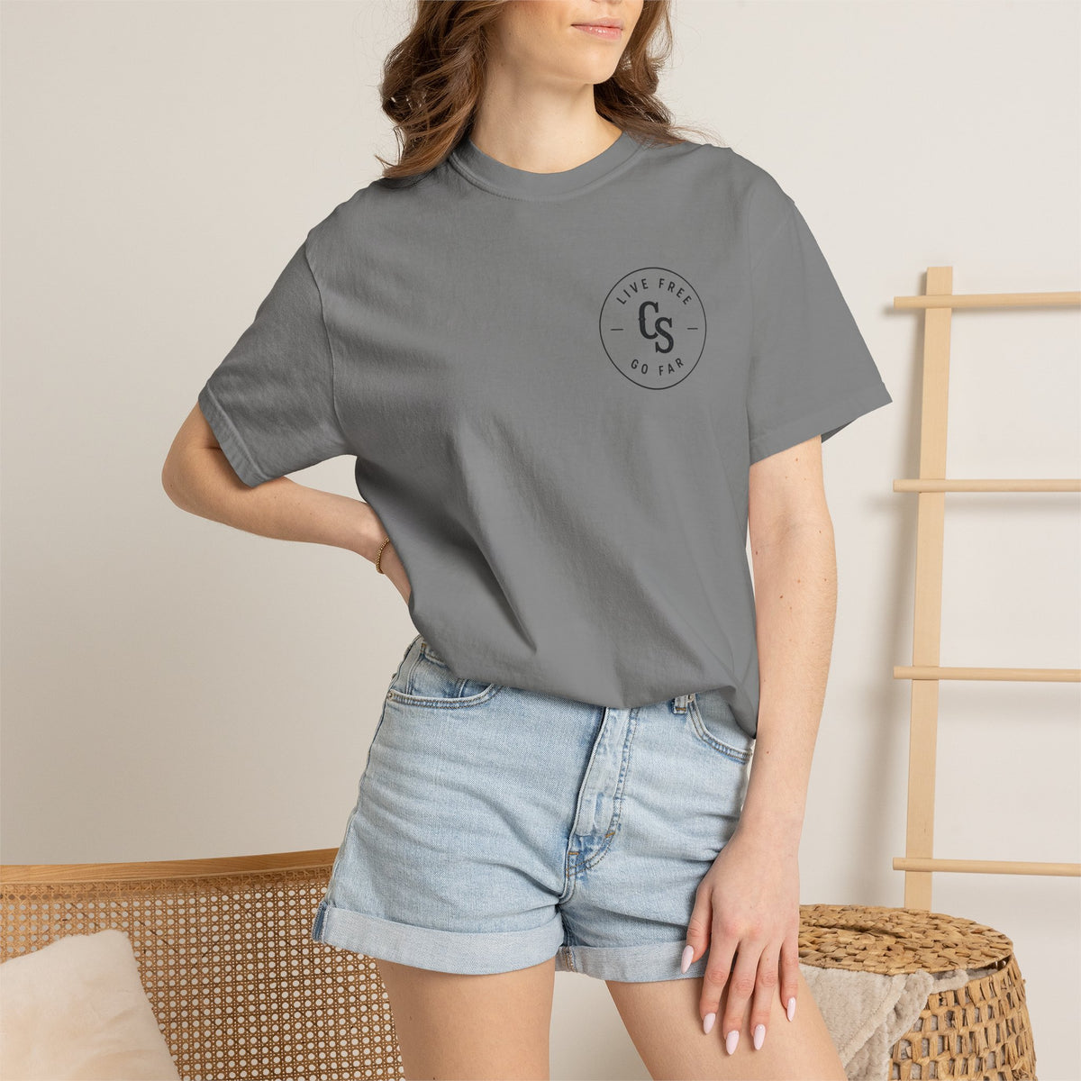 Live Free Go Far CS Logo T-Shirt | Circular Badge Chest & Back Print