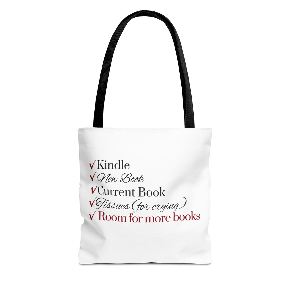 Tote Bag — "Checklist for Readers: Kindle, New Book, Current Book, Tissues, Room for More Books"