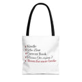 Tote Bag — "Checklist for Readers: Kindle, New Book, Current Book, Tissues, Room for More Books"