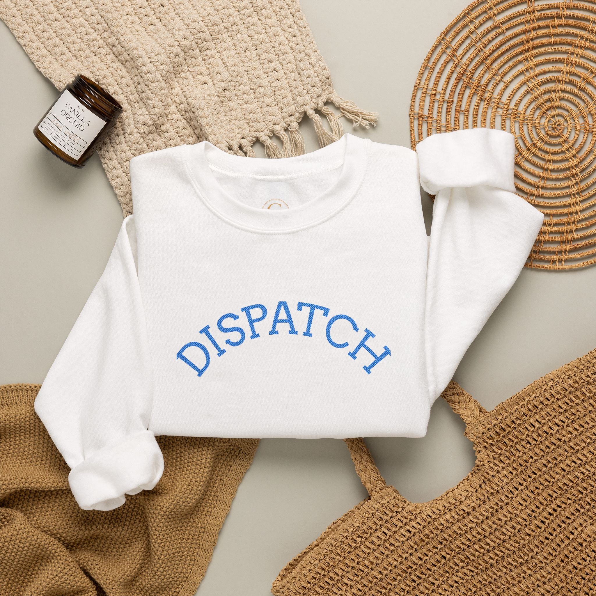 Dispatch Crewneck Sweatshirt — Minimal Pullover with Blue Arched Text