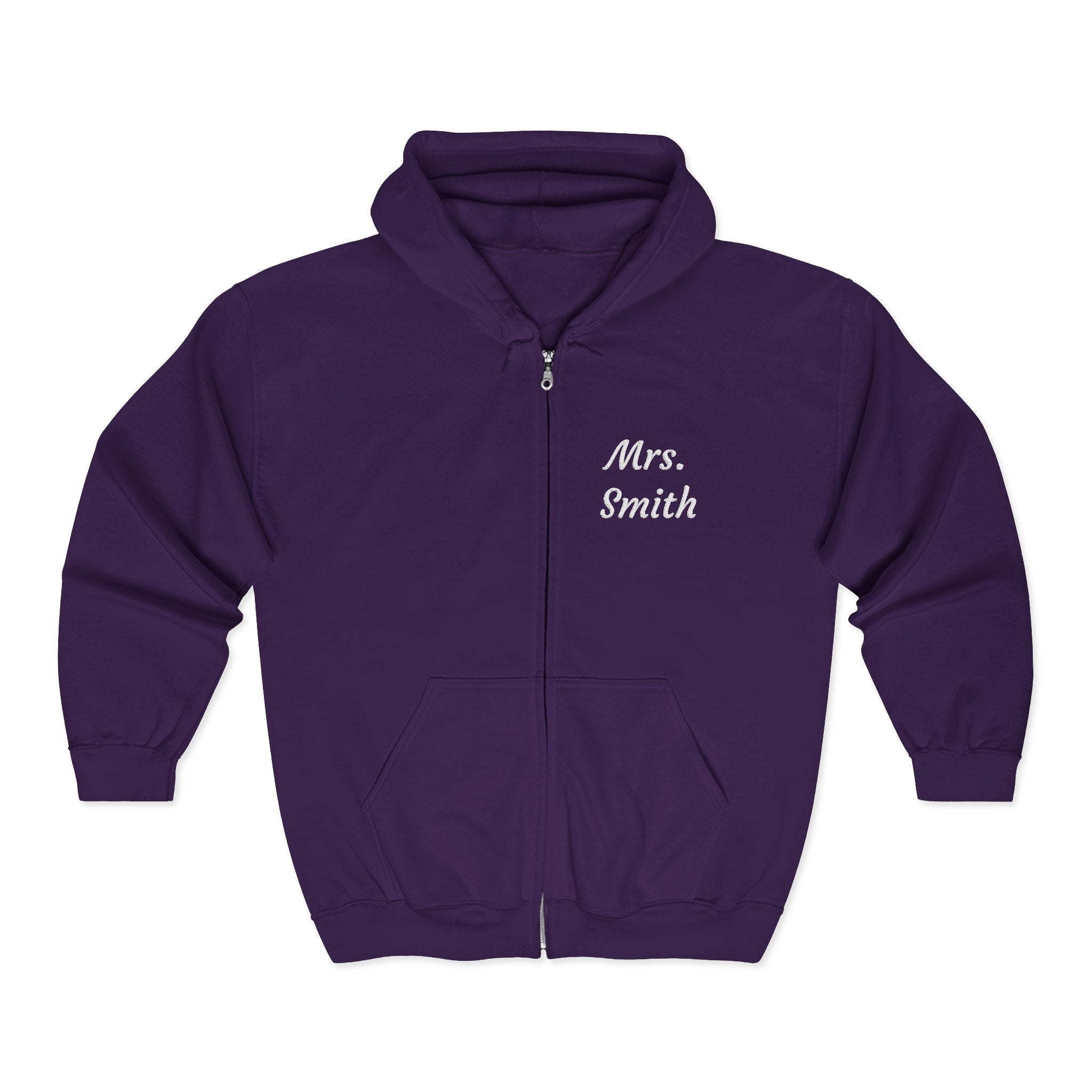 Personalized Mrs. Smith Embroidered Zip-Up Hoodie — Custom Teacher & Bride Gift