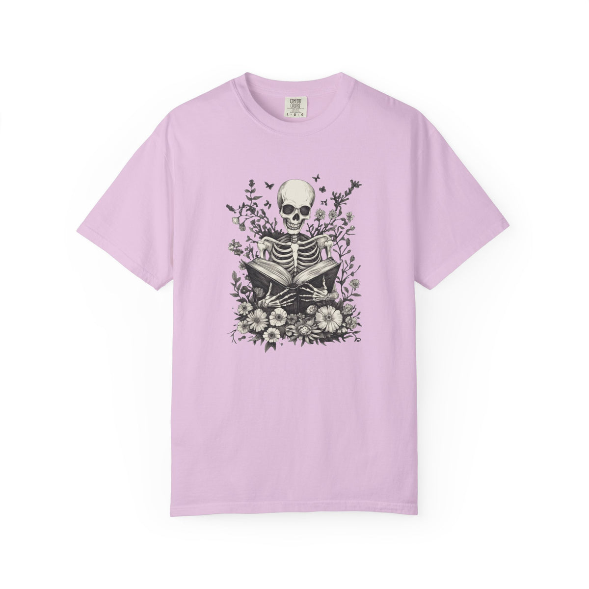 Skeleton Reading Among Flowers T-Shirt — Gothic Book Lover Tee