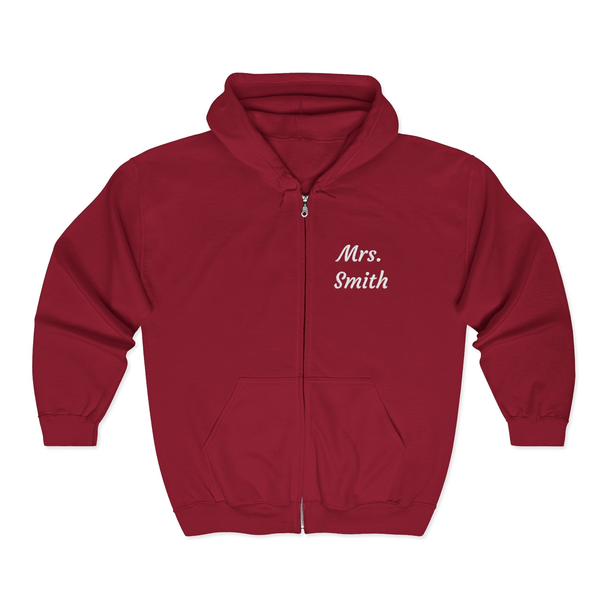 Personalized Mrs. Smith Embroidered Zip-Up Hoodie — Custom Teacher & Bride Gift