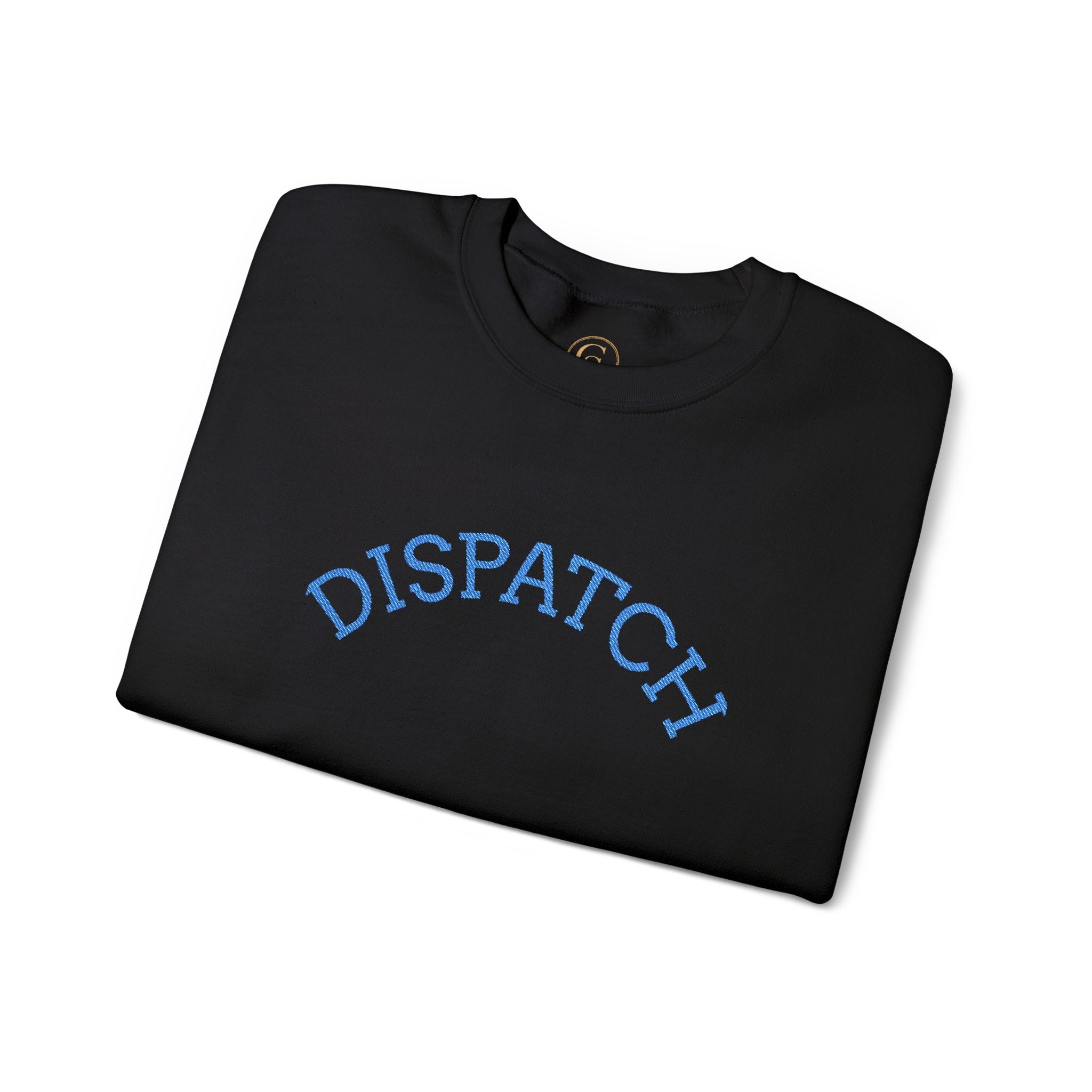 Dispatch Crewneck Sweatshirt — Minimal Pullover with Blue Arched Text