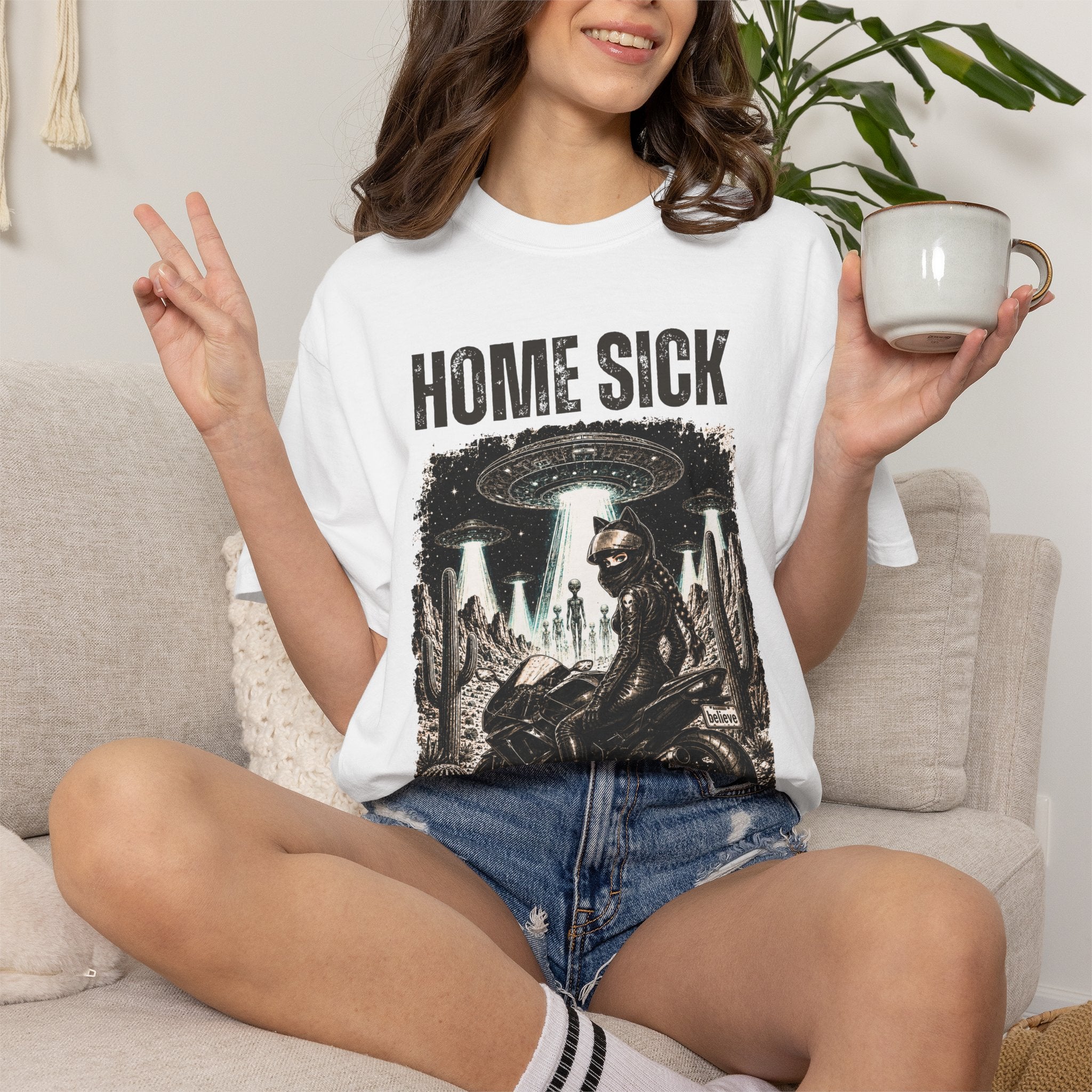 Home Sick Motorcycle UFO T‑Shirt — Alien Abduction Biker Graphic Tee