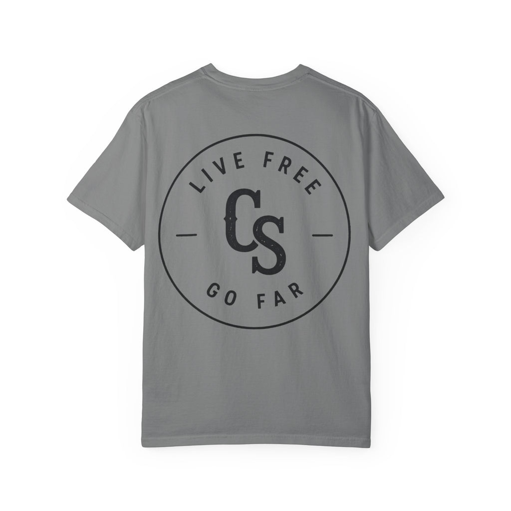 Live Free Go Far CS Logo T-Shirt | Circular Badge Chest & Back Print