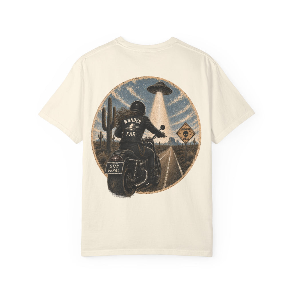 Alien Abduction Motorcycle T‑Shirt — Sci‑Fi Desert Rider Tee