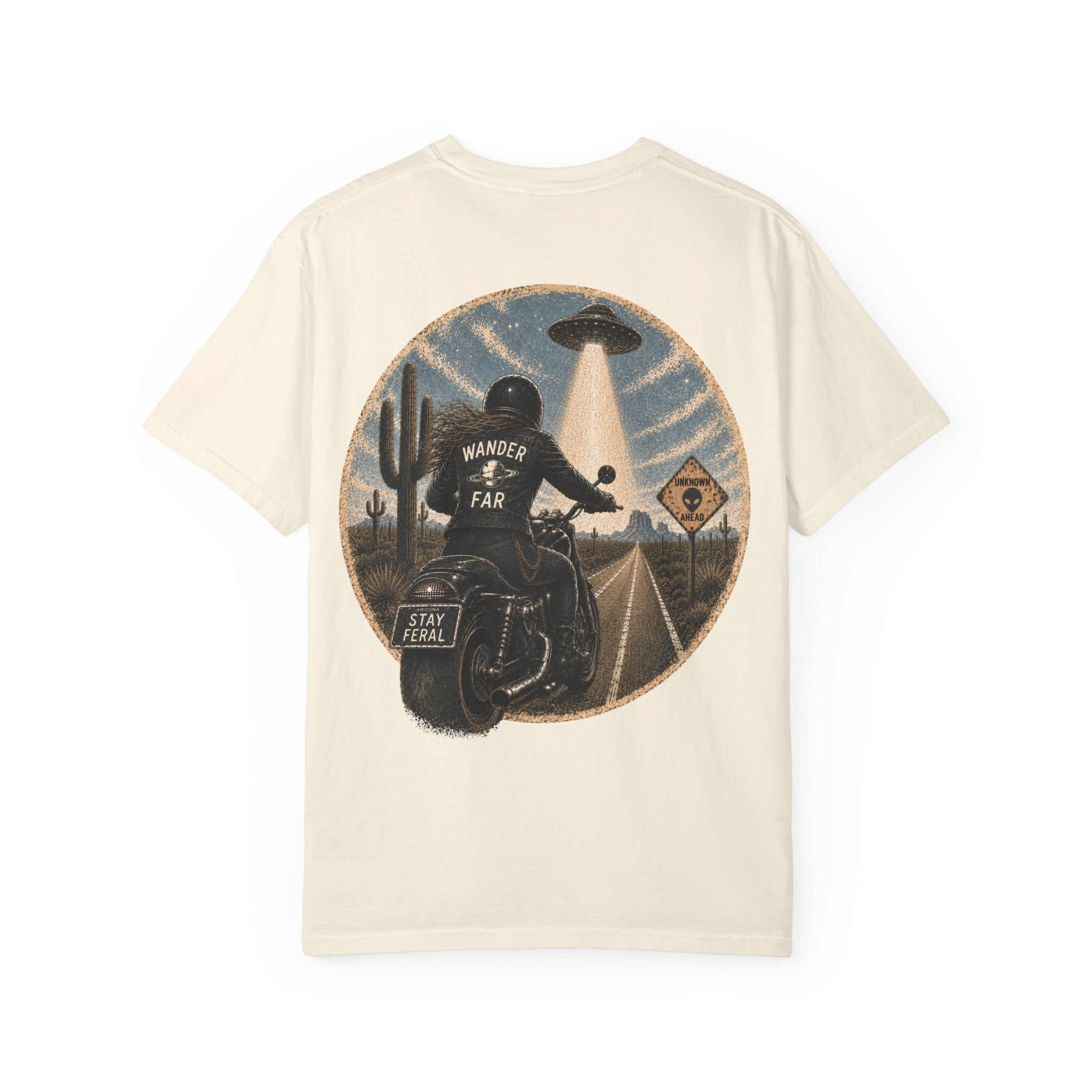 Alien Abduction Motorcycle T‑Shirt — Sci‑Fi Desert Rider Tee