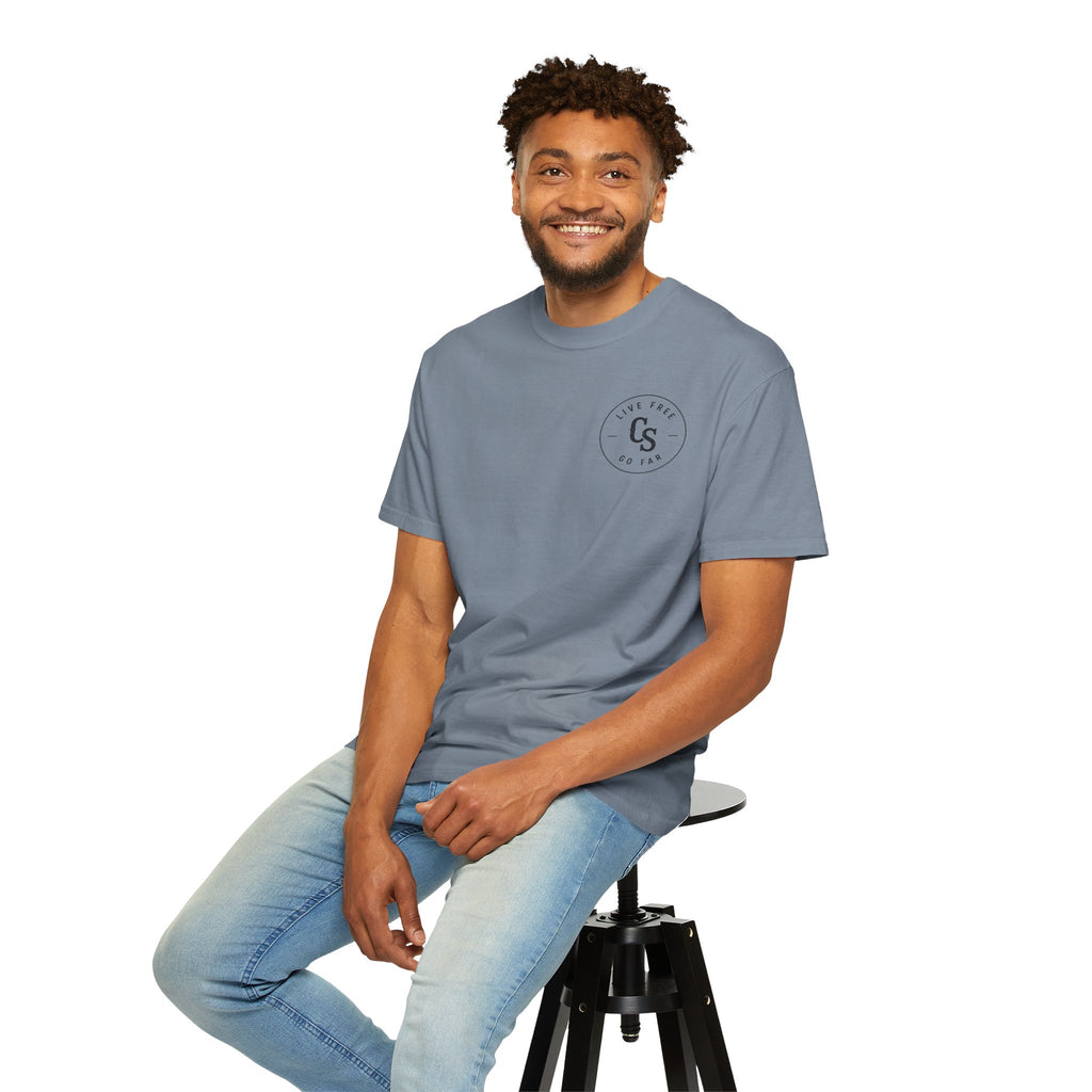 Live Free Go Far CS Logo T-Shirt | Circular Badge Chest & Back Print