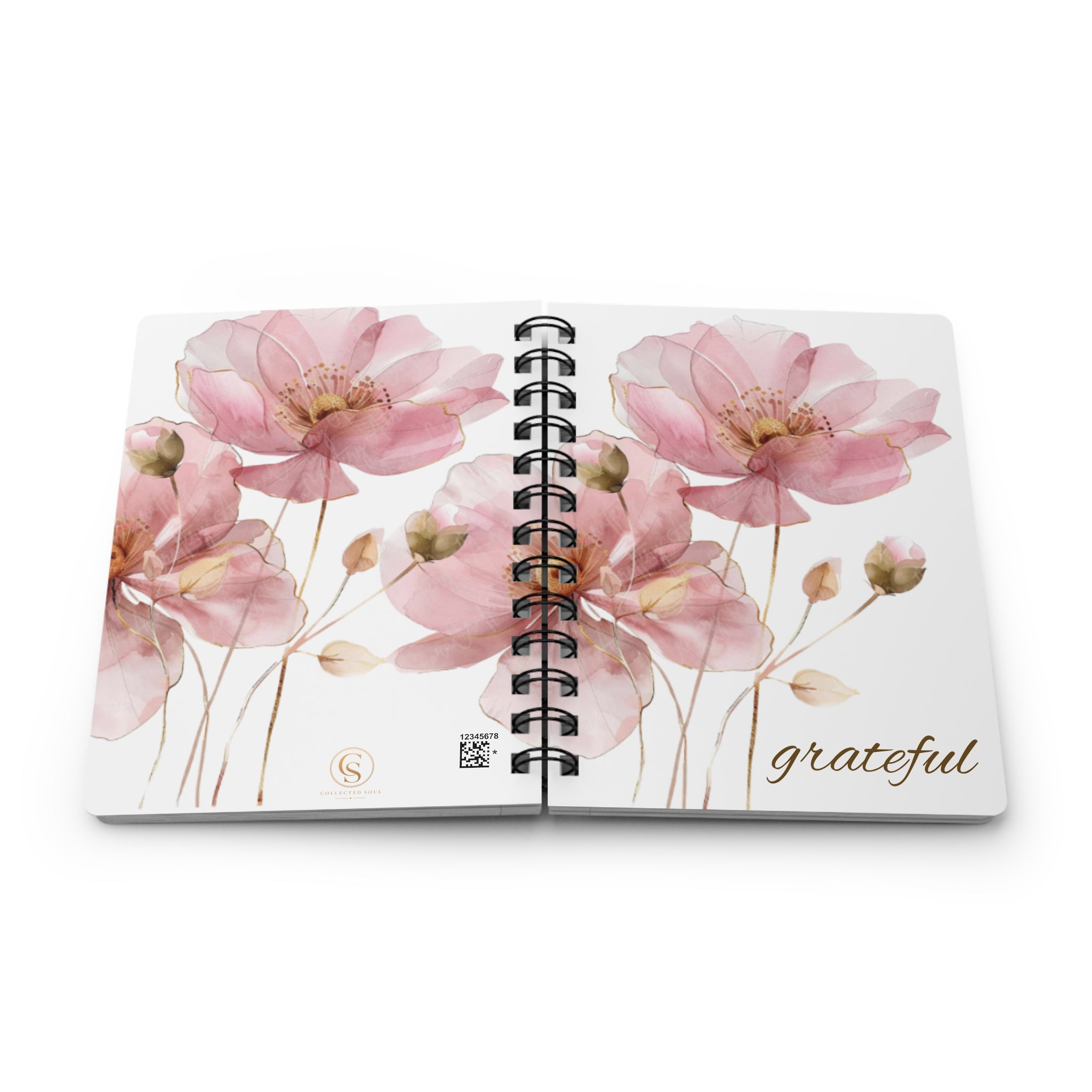 Grateful Floral Spiral Journal — Pink Watercolor Flower Notebook