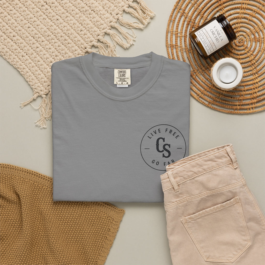 Live Free Go Far CS Logo T-Shirt | Circular Badge Chest & Back Print