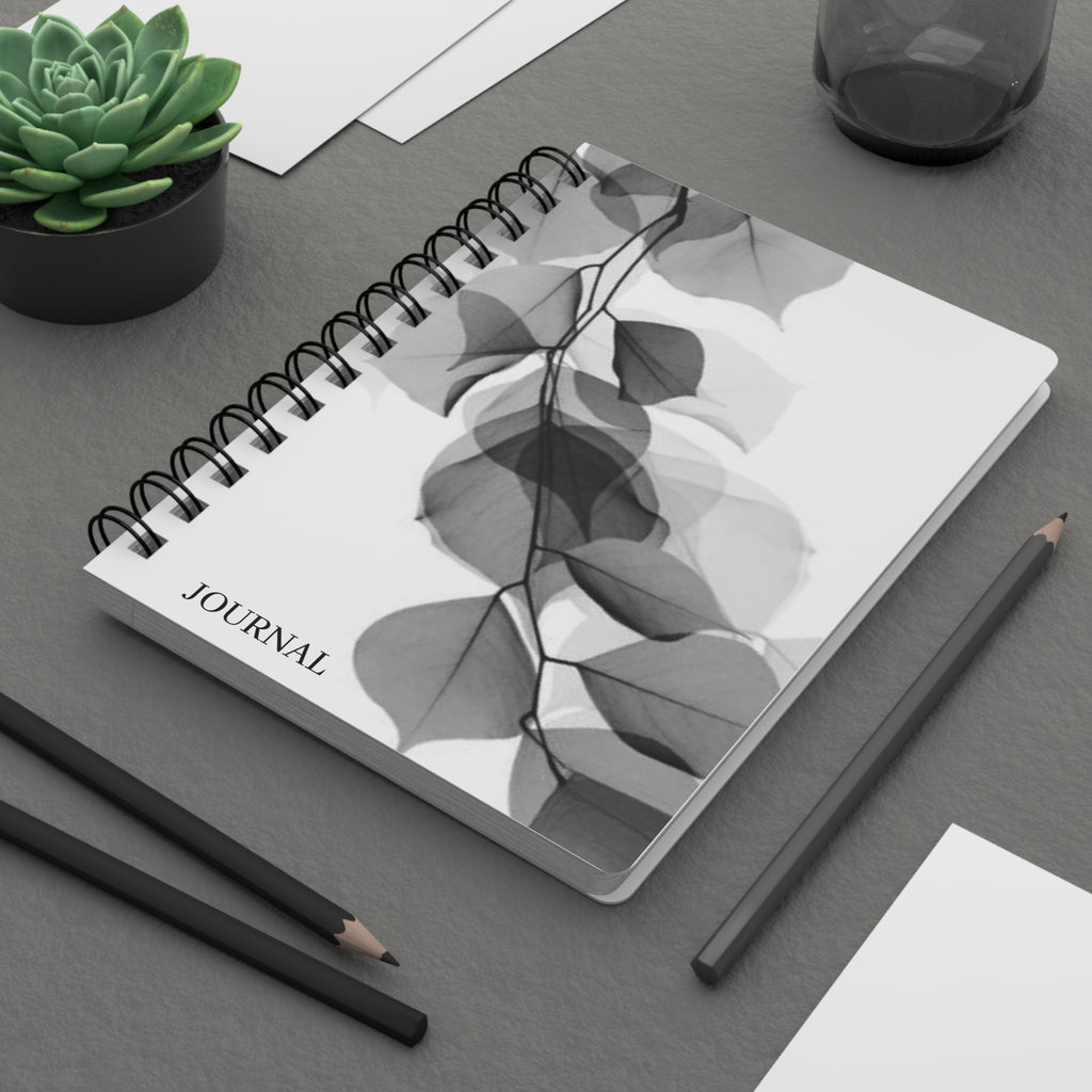 Botanical Spiral Journal — Minimal Black & White Leaf Notebook