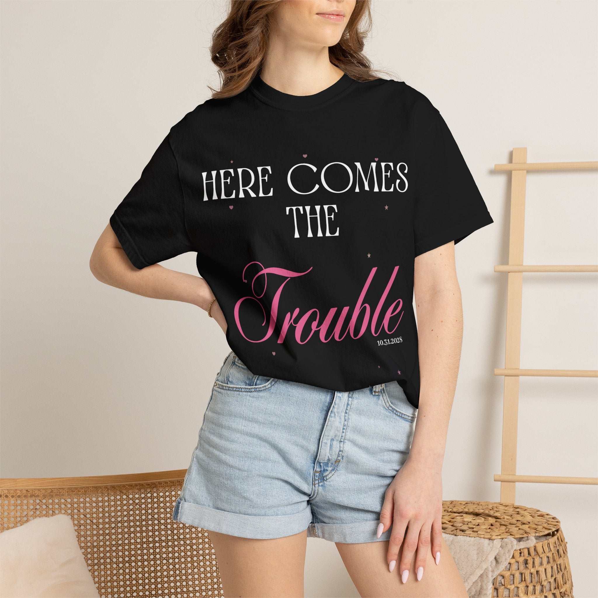 "Here Comes the Trouble" Custom Comfort Colors Tee — Personalized Bachelorette Shirt