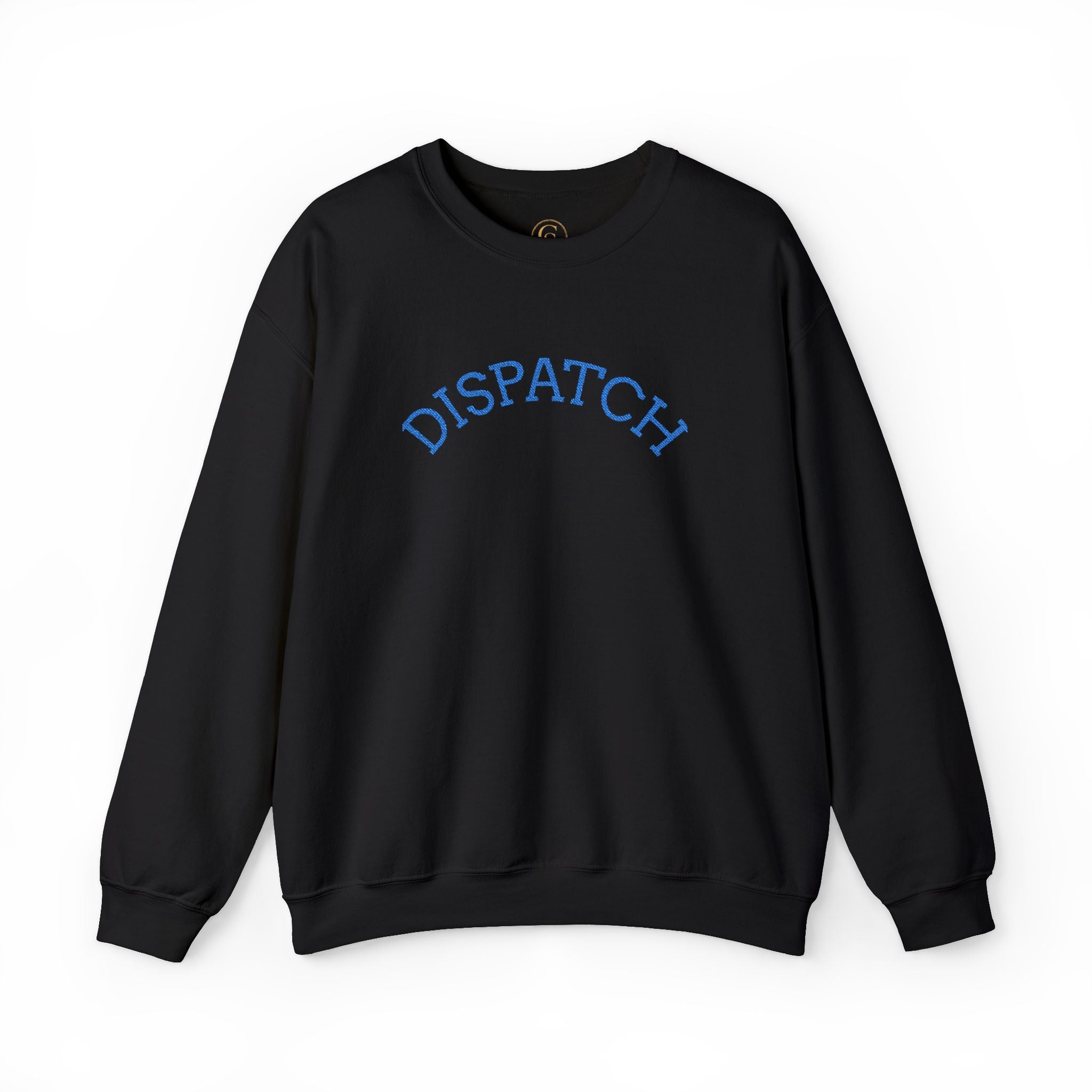 Dispatch Crewneck Sweatshirt — Minimal Pullover with Blue Arched Text