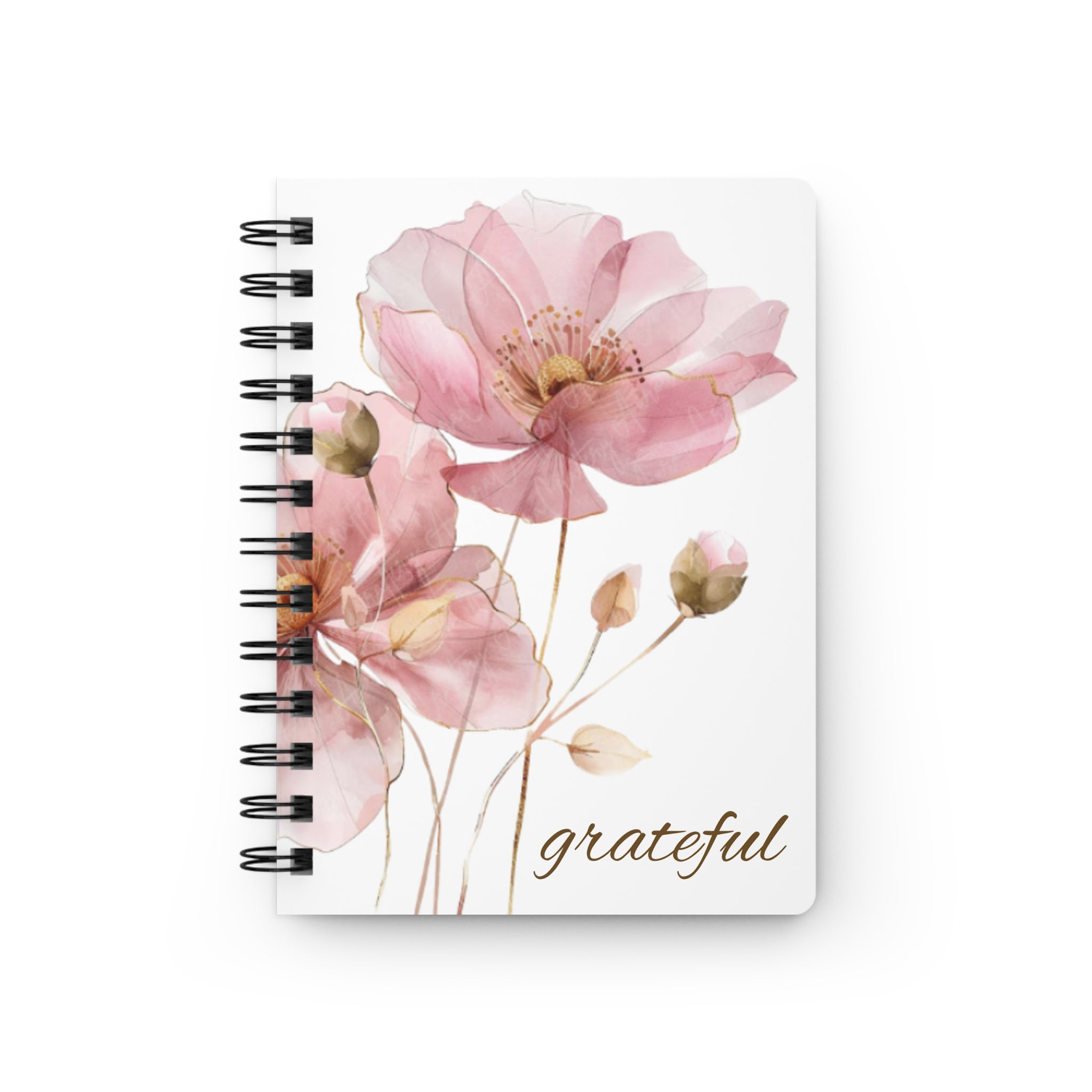 Grateful Floral Spiral Journal — Pink Watercolor Flower Notebook
