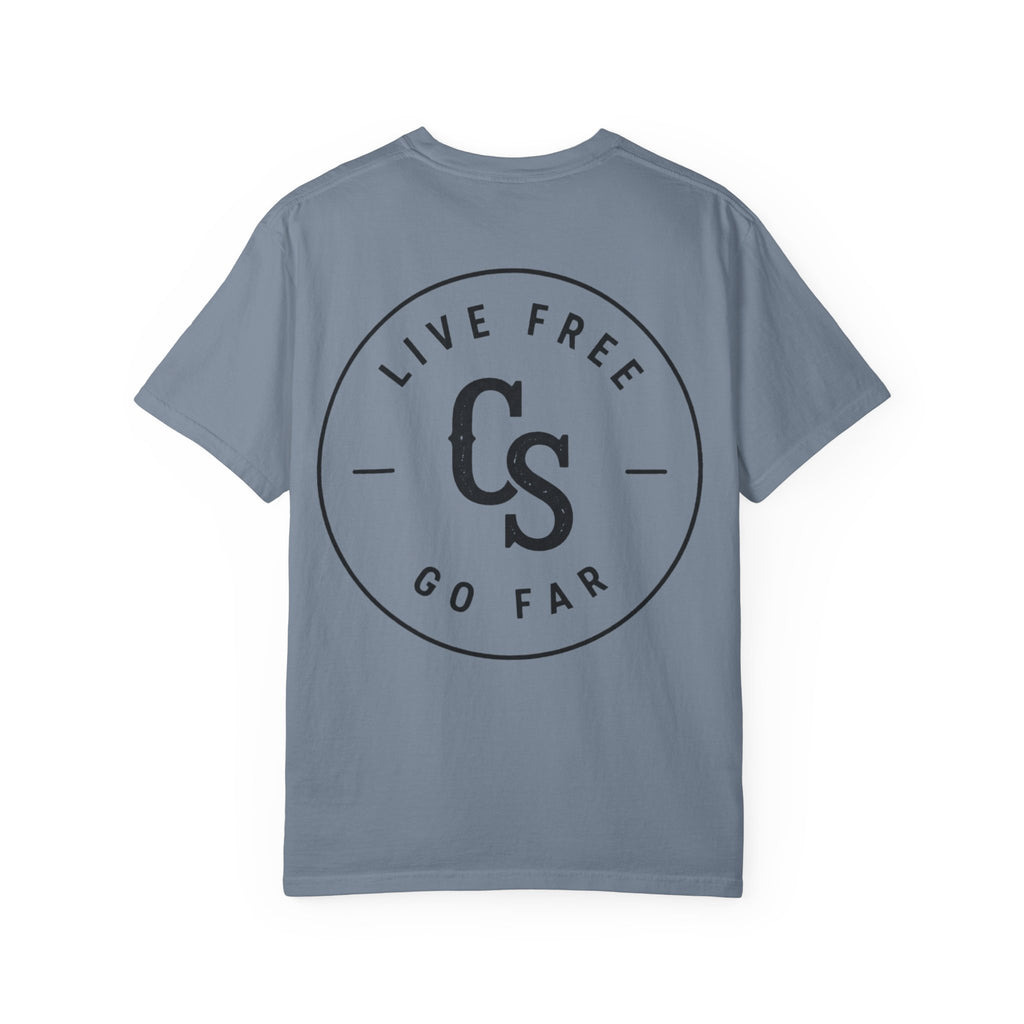 Live Free Go Far CS Logo T-Shirt | Circular Badge Chest & Back Print