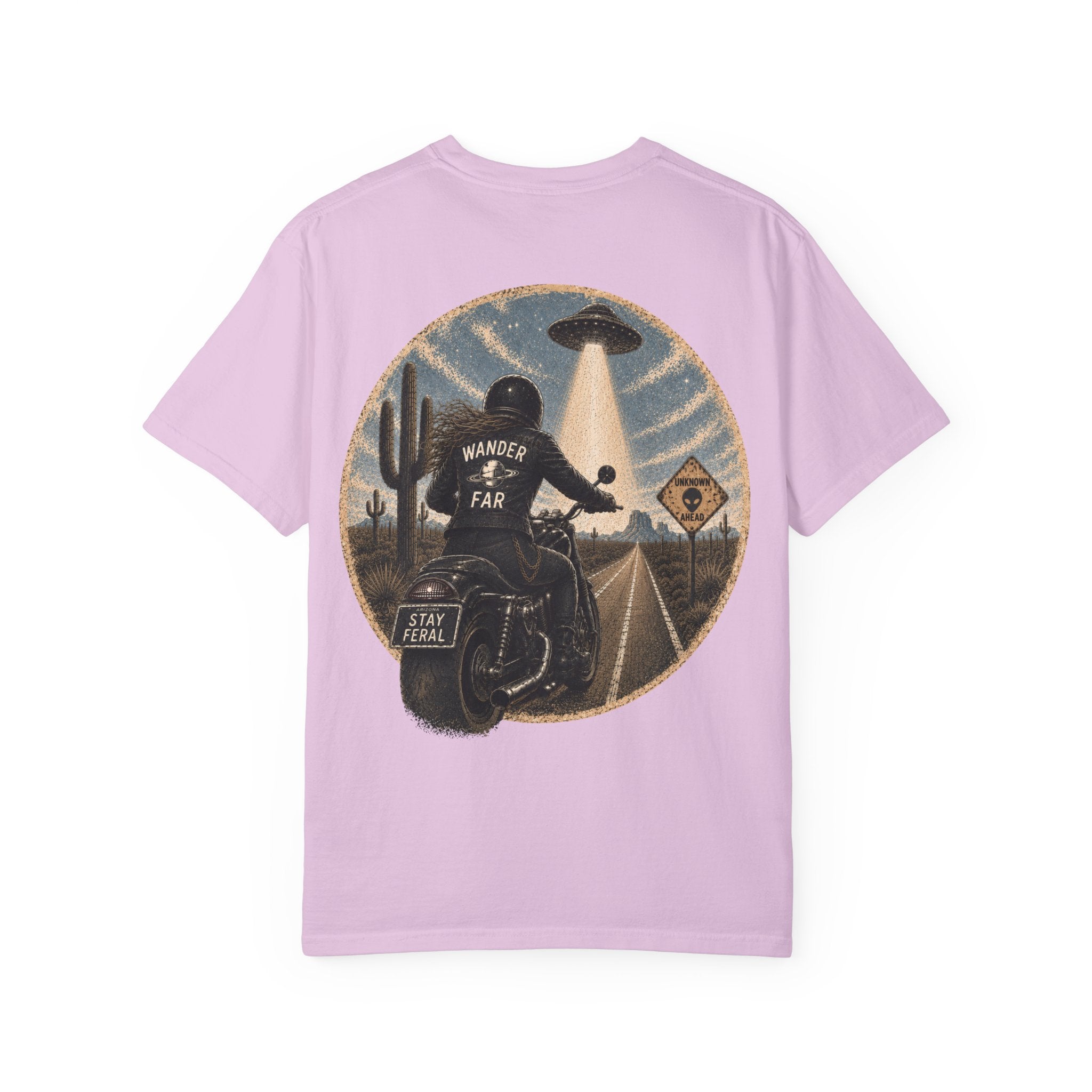 Alien Abduction Motorcycle T‑Shirt — Sci‑Fi Desert Rider Tee