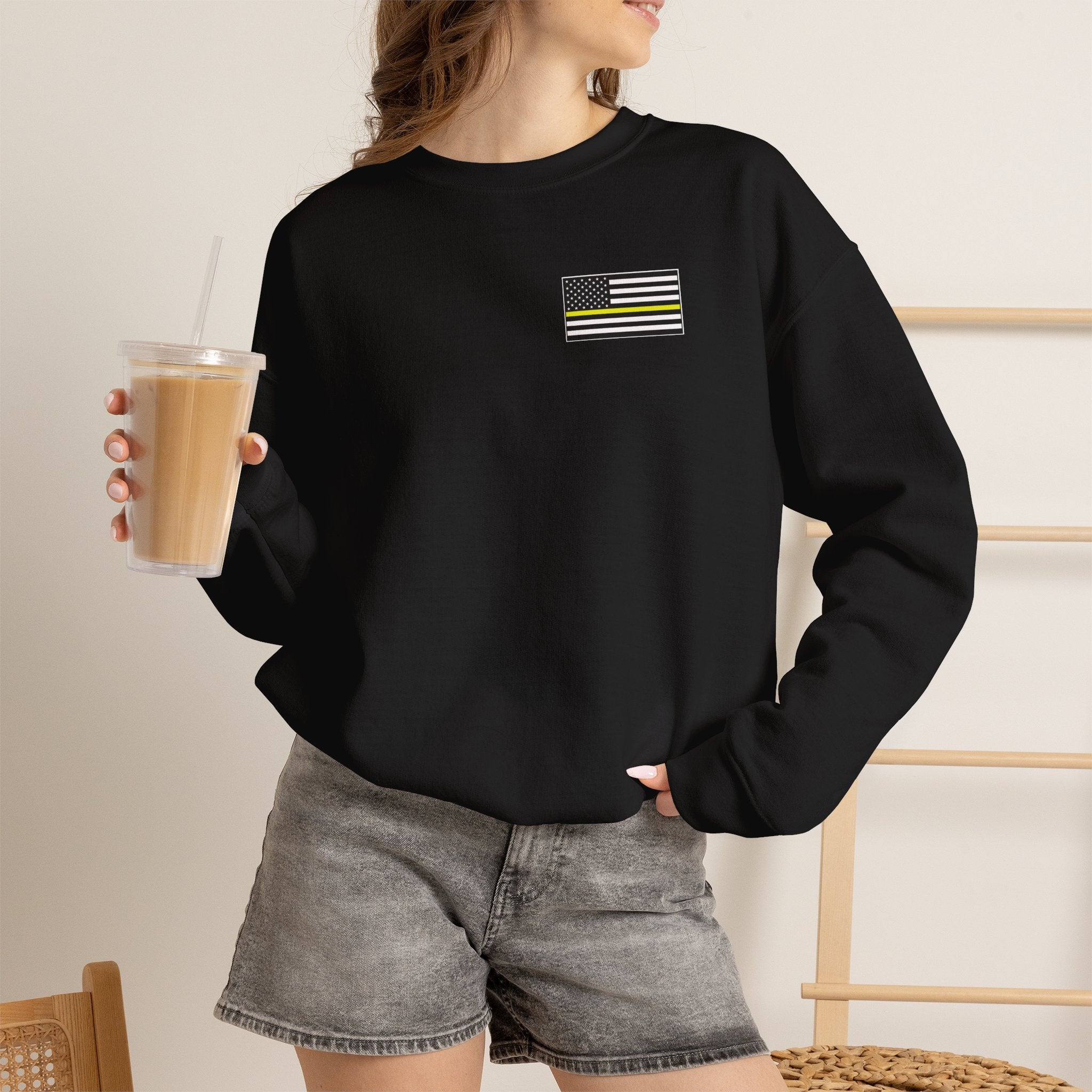 Crewneck Sweatshirt - Thin Yellow Line American Flag Design (Back & Chest)