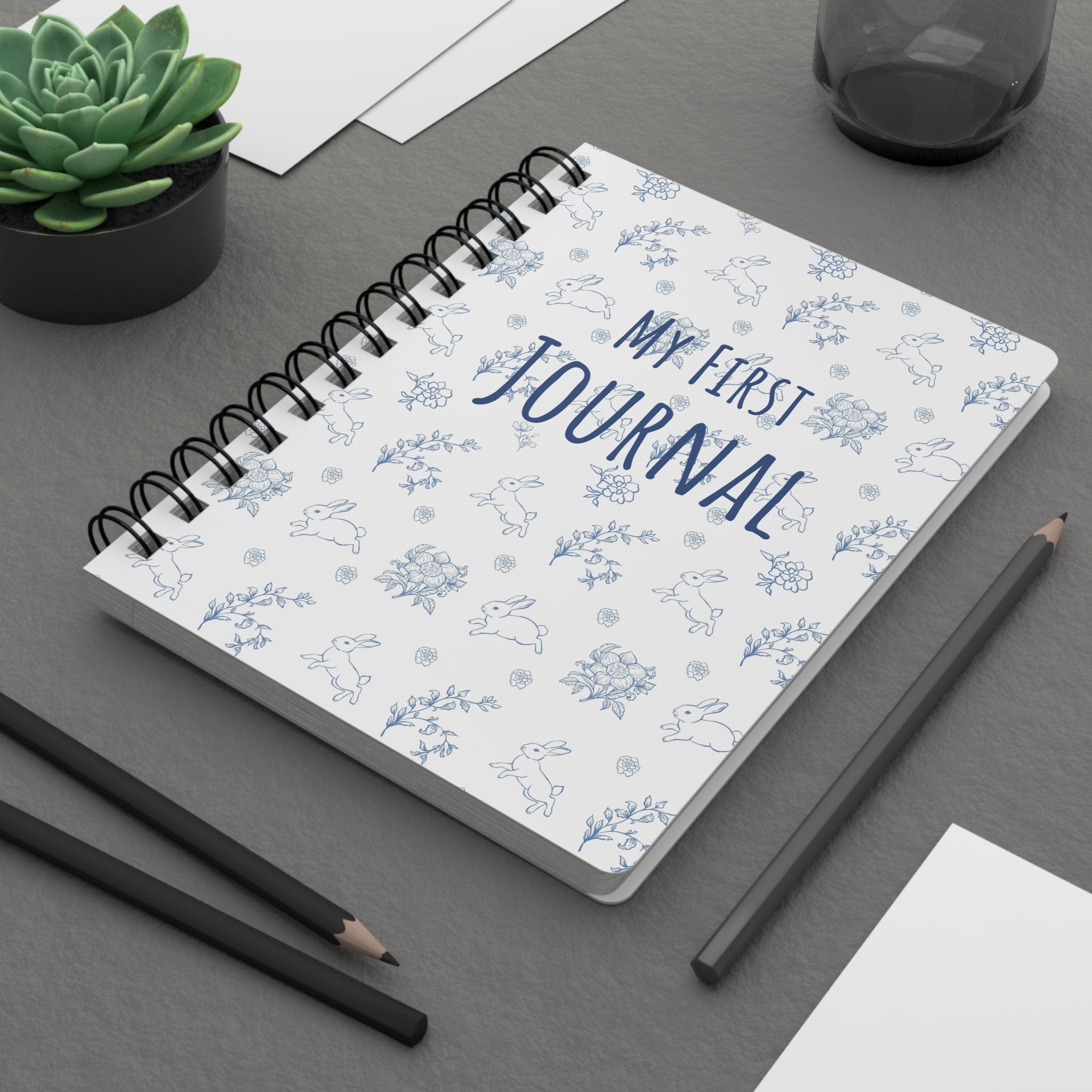 My First Journal Spiral Notebook | Cute Blue Bunny & Floral Child Keepsake