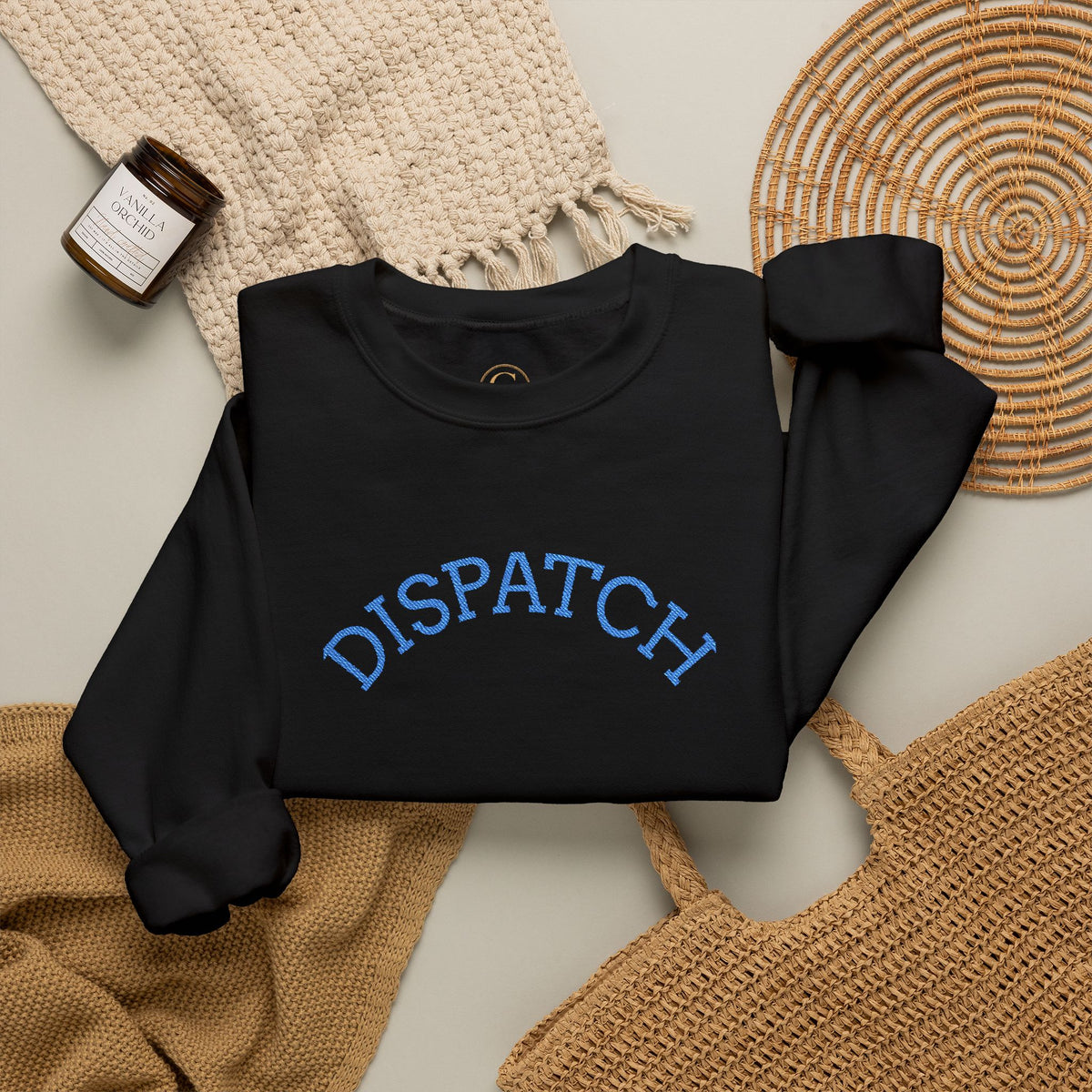 Dispatch Crewneck Sweatshirt — Minimal Pullover with Blue Arched Text