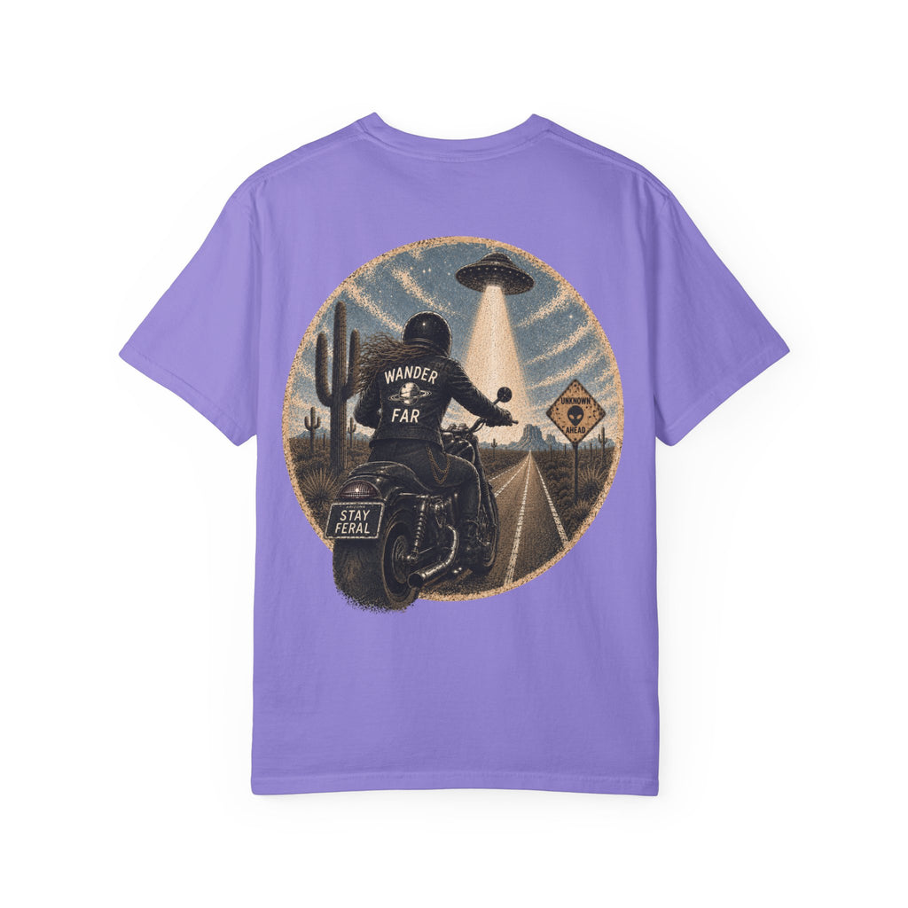 Alien Abduction Motorcycle T‑Shirt — Sci‑Fi Desert Rider Tee