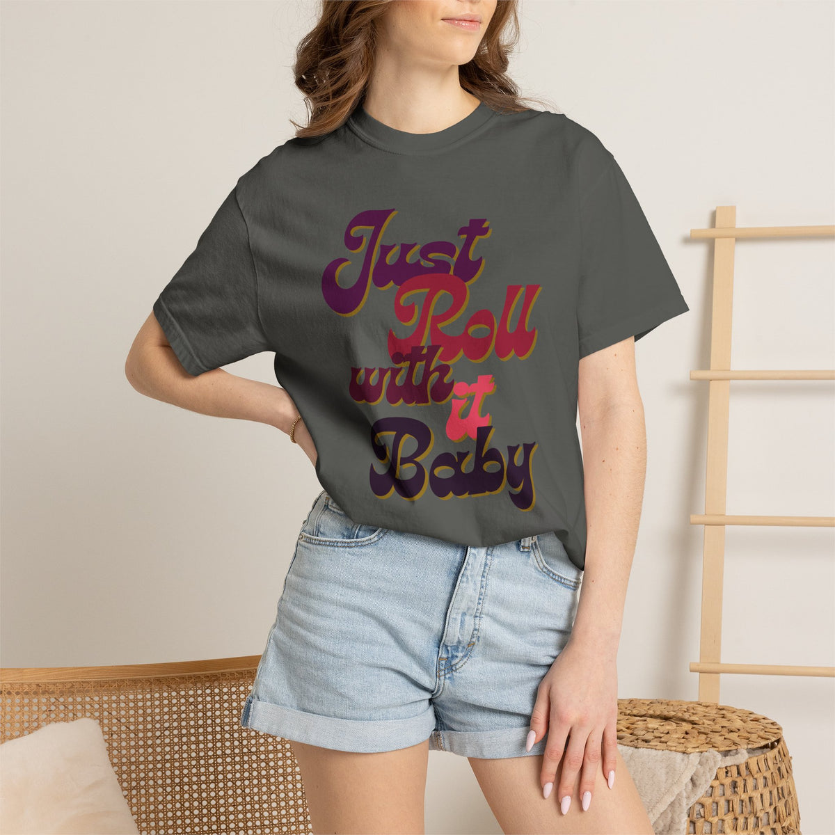 Just Roll With It Baby Tee — Retro Script Vintage Graphic T-Shirt