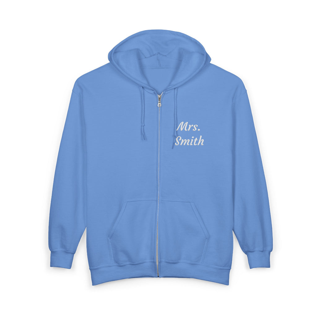 Personalized Mrs. Smith Embroidered Zip-Up Hoodie — Custom Teacher & Bride Gift