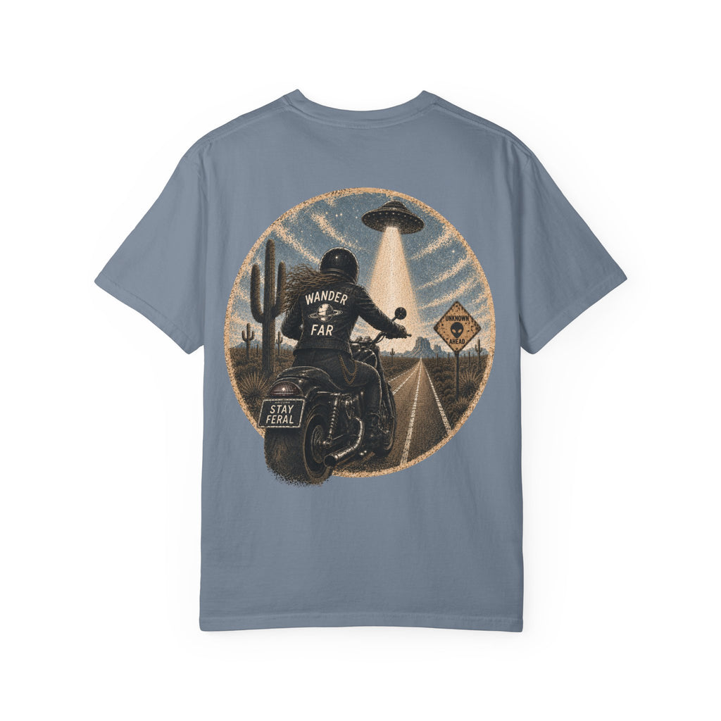 Alien Abduction Motorcycle T‑Shirt — Sci‑Fi Desert Rider Tee