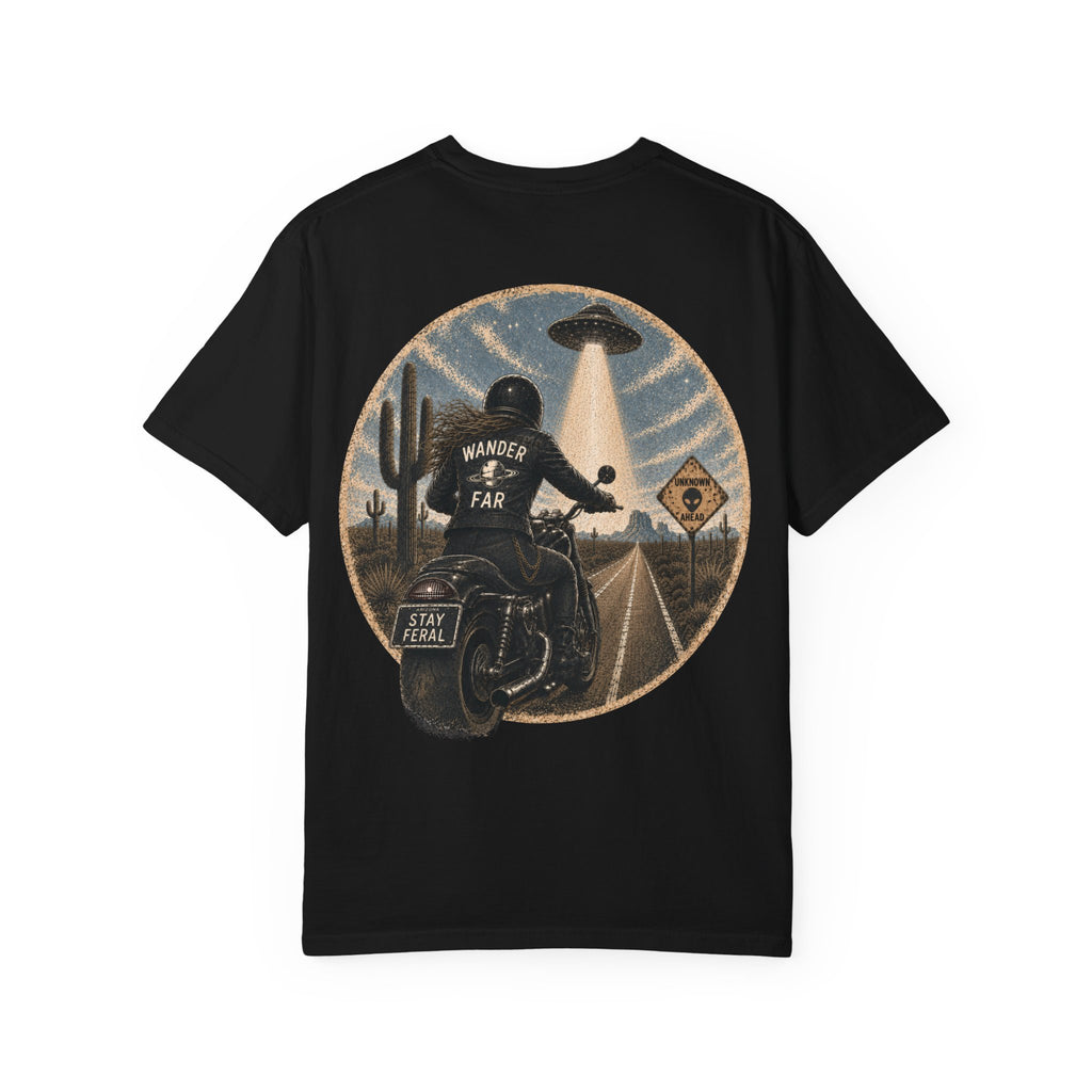 Alien Abduction Motorcycle T‑Shirt — Sci‑Fi Desert Rider Tee