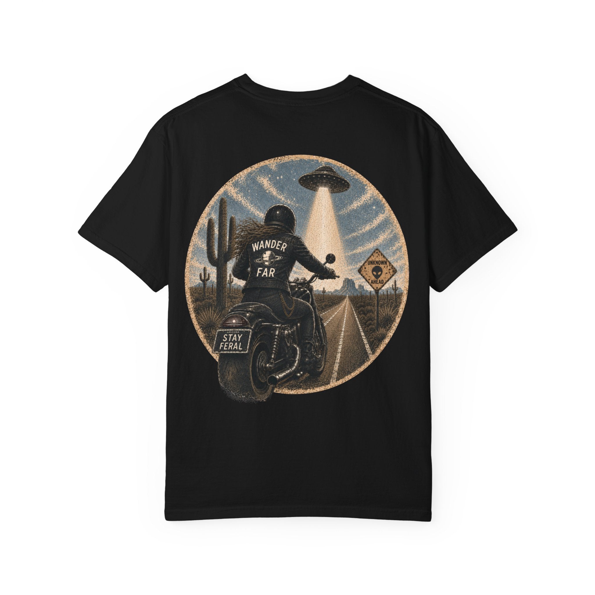 Alien Abduction Motorcycle T‑Shirt — Sci‑Fi Desert Rider Tee