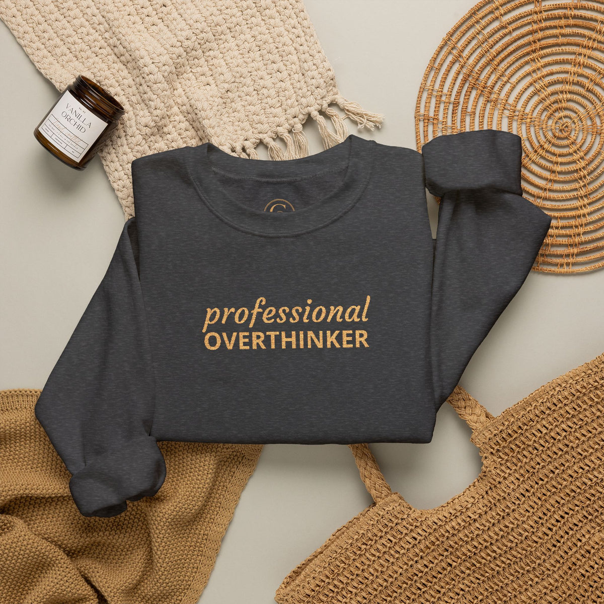 Professional Overthinker Embroidered Sweatshirt — Funny Crewneck Pullover for Thinkers