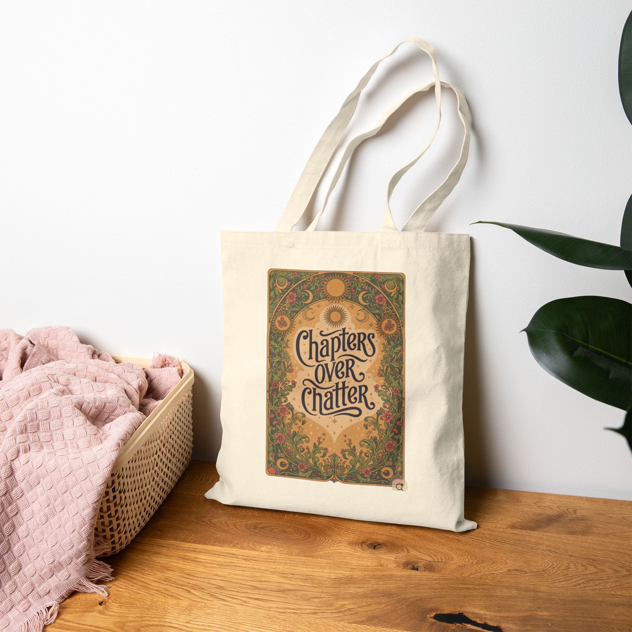 Tote Bag — “Chapters Over Chatter” Vintage Floral Booklover Canvas Tote