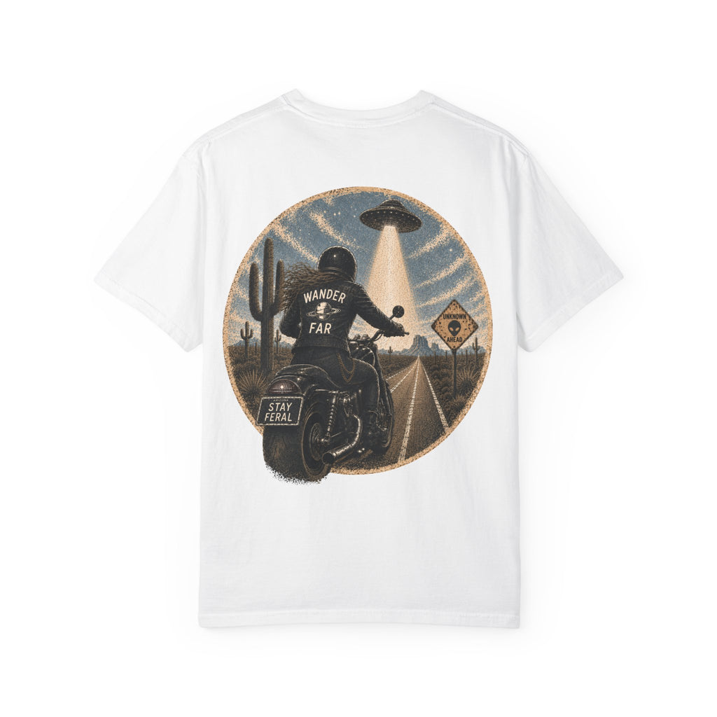 Alien Abduction Motorcycle T‑Shirt — Sci‑Fi Desert Rider Tee