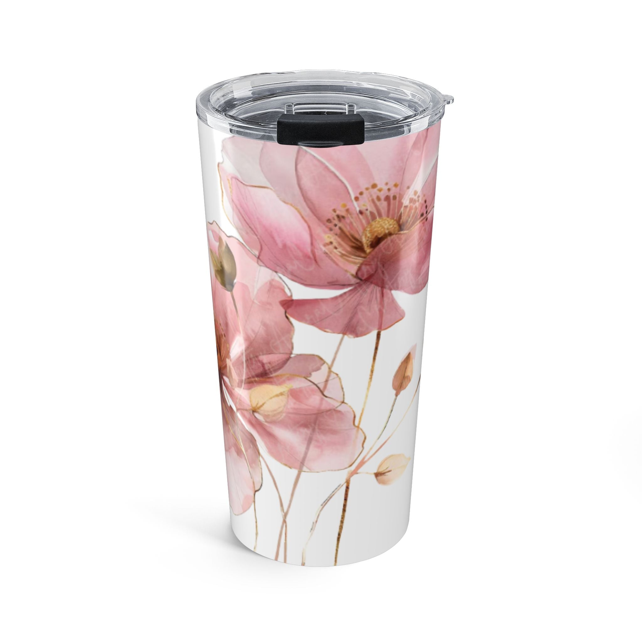 20oz Floral Personalized Tumbler – Pink Watercolor Poppies, Custom Name Travel Cup