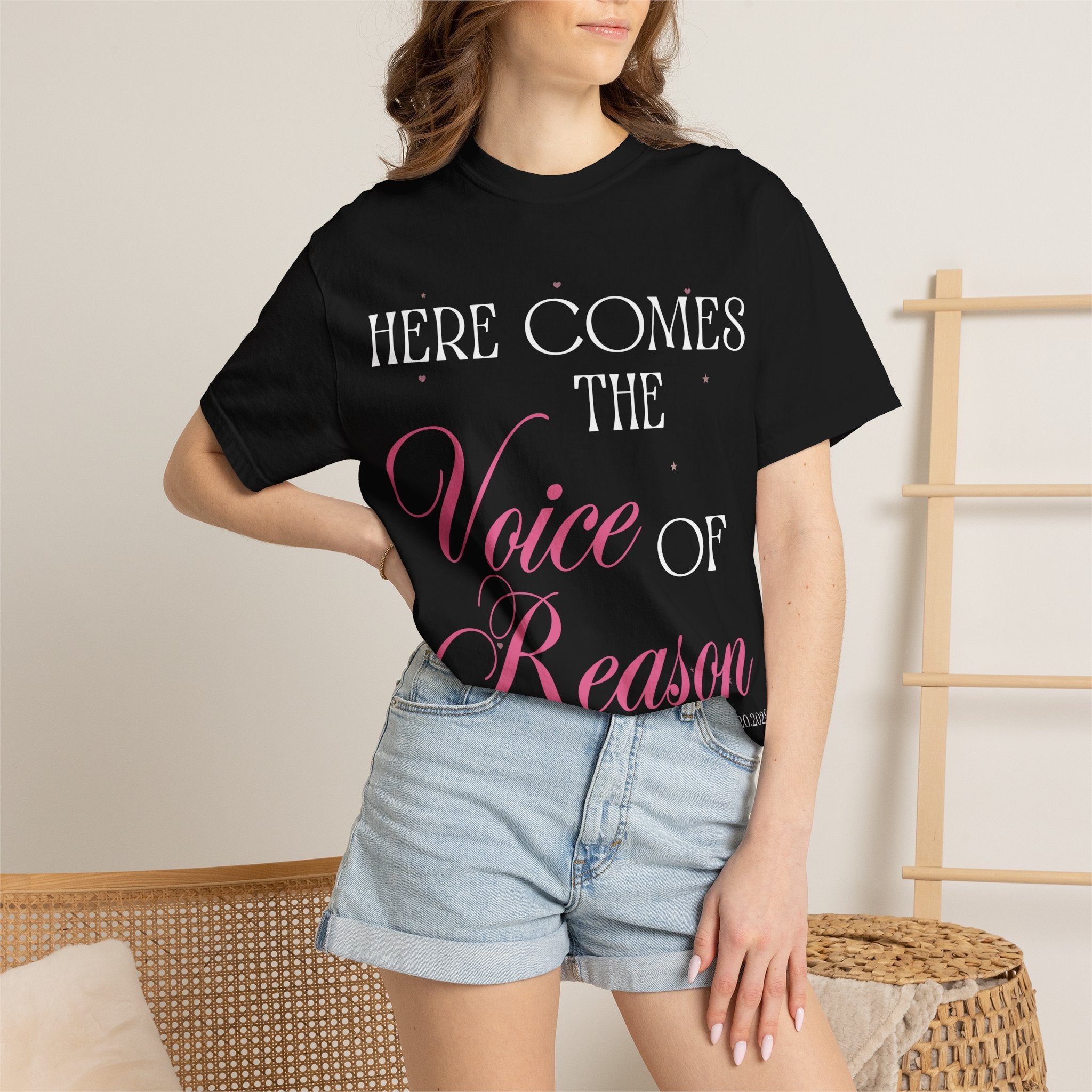 Voice Reason Script Tee — Feminine Script Graphic T-Shirt with Pink Heart