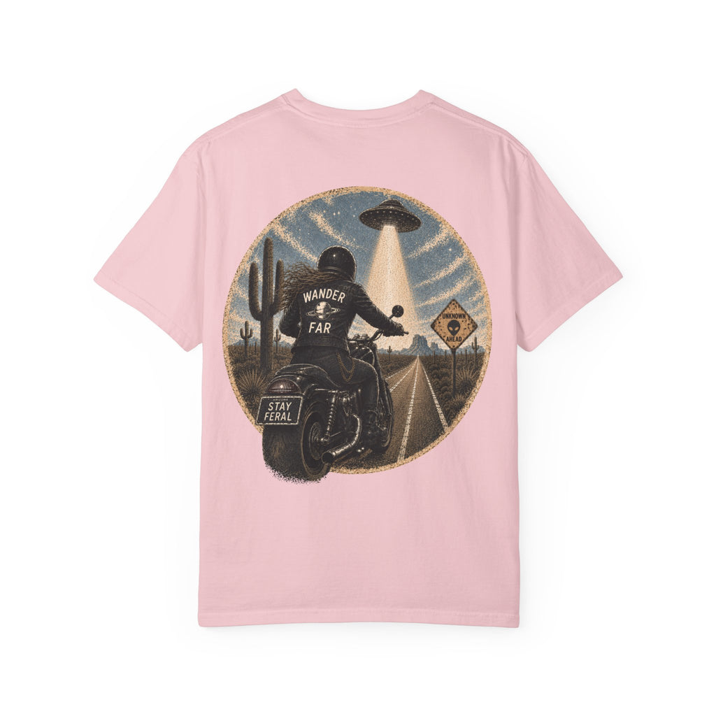 Alien Abduction Motorcycle T‑Shirt — Sci‑Fi Desert Rider Tee