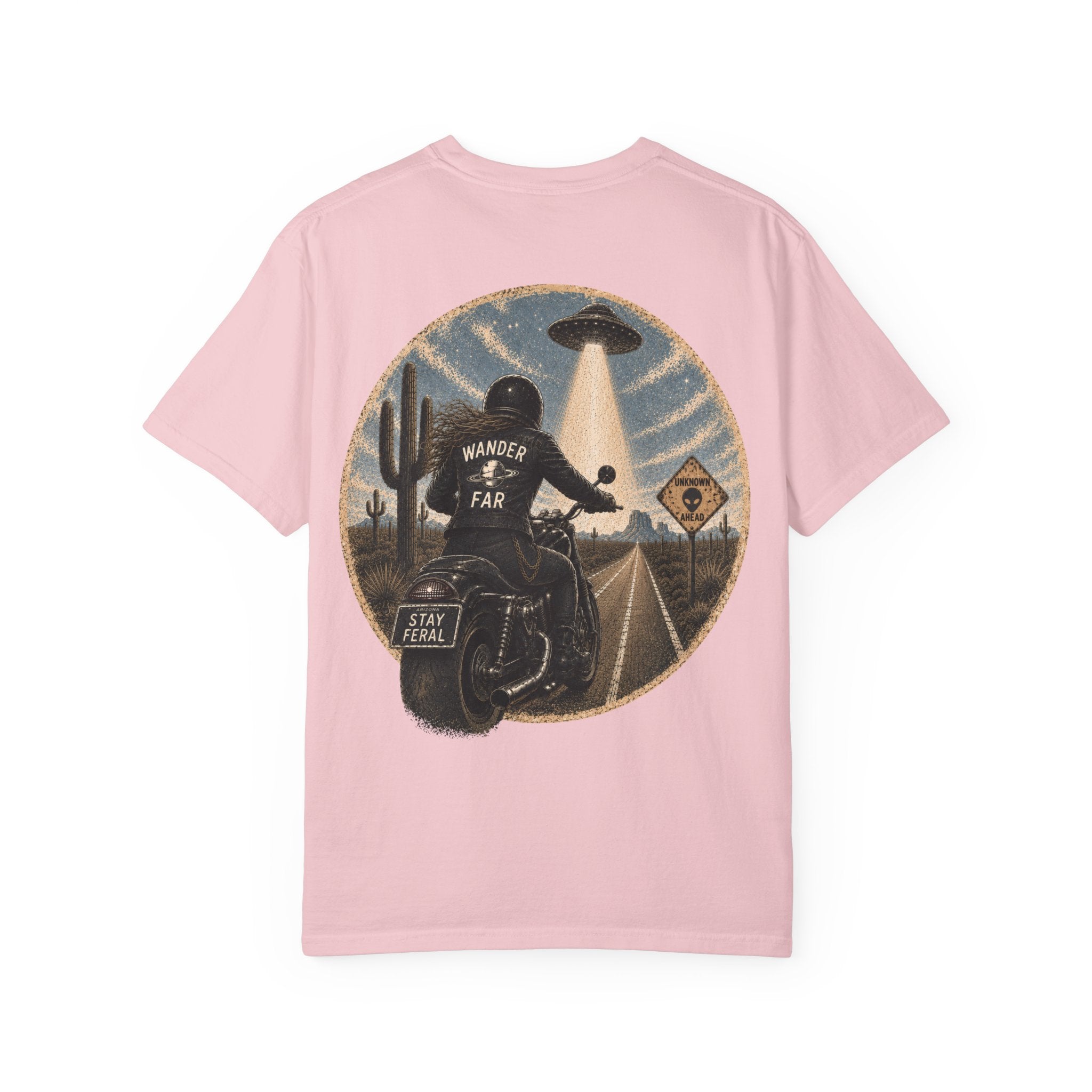 Alien Abduction Motorcycle T‑Shirt — Sci‑Fi Desert Rider Tee
