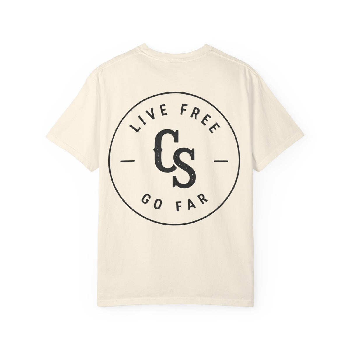 Live Free Go Far CS Logo T-Shirt | Circular Badge Chest & Back Print
