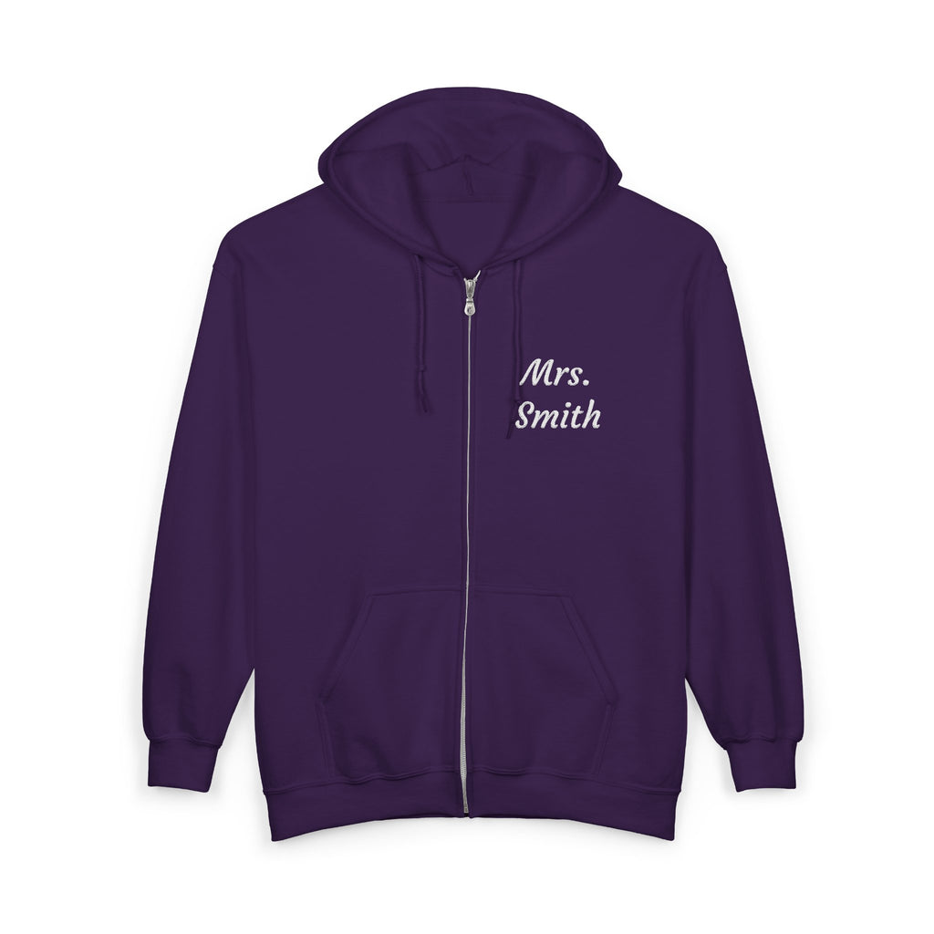 Personalized Mrs. Smith Embroidered Zip-Up Hoodie — Custom Teacher & Bride Gift
