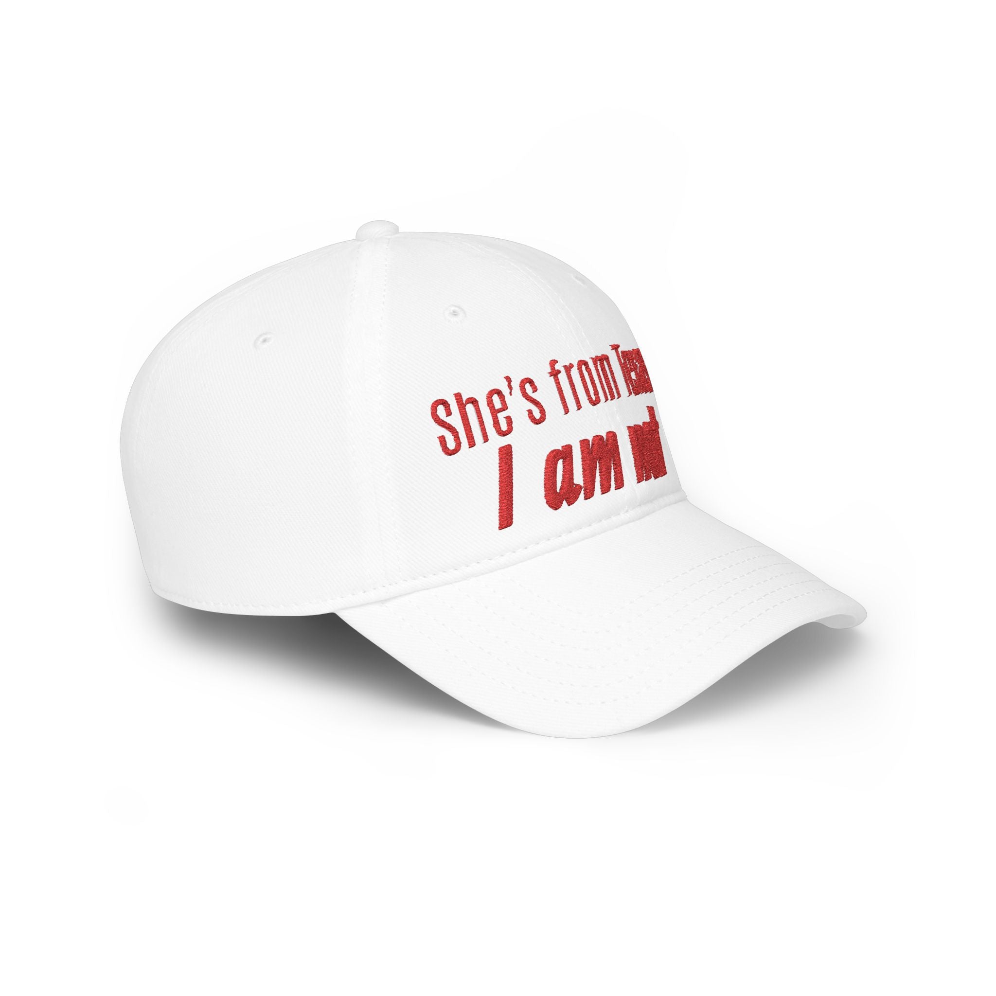 She's From Texas, I Am Not — Low Profile Embroidered Baseball Cap (Red)