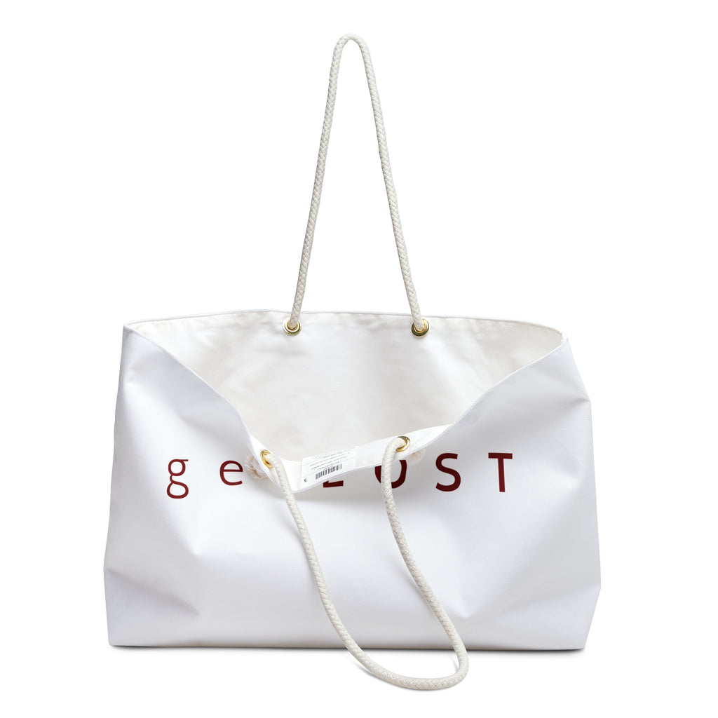 Get Lost Weekender Bag – White Canvas Travel Tote with Red Typography