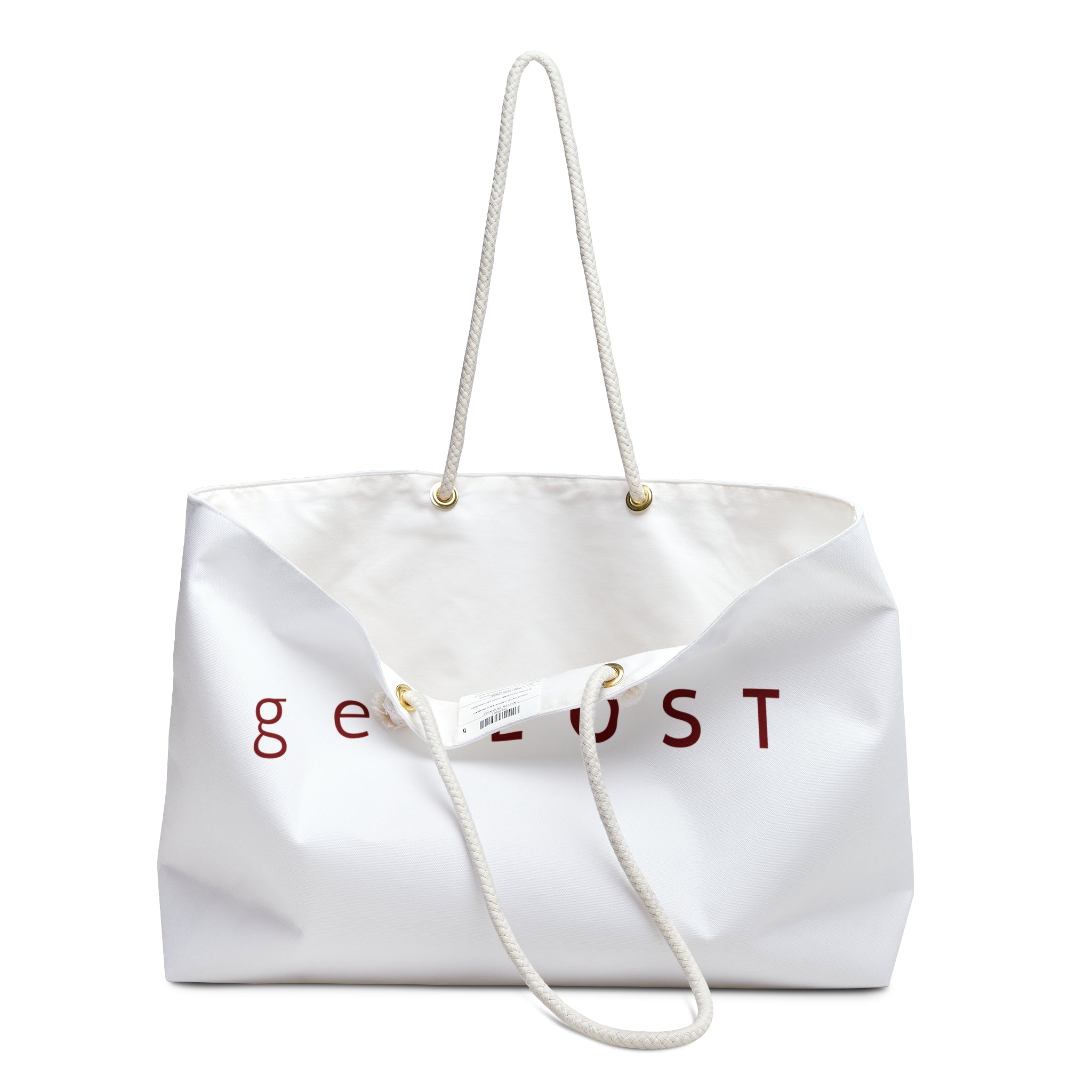 Get Lost Weekender Bag – White Canvas Travel Tote with Red Typography