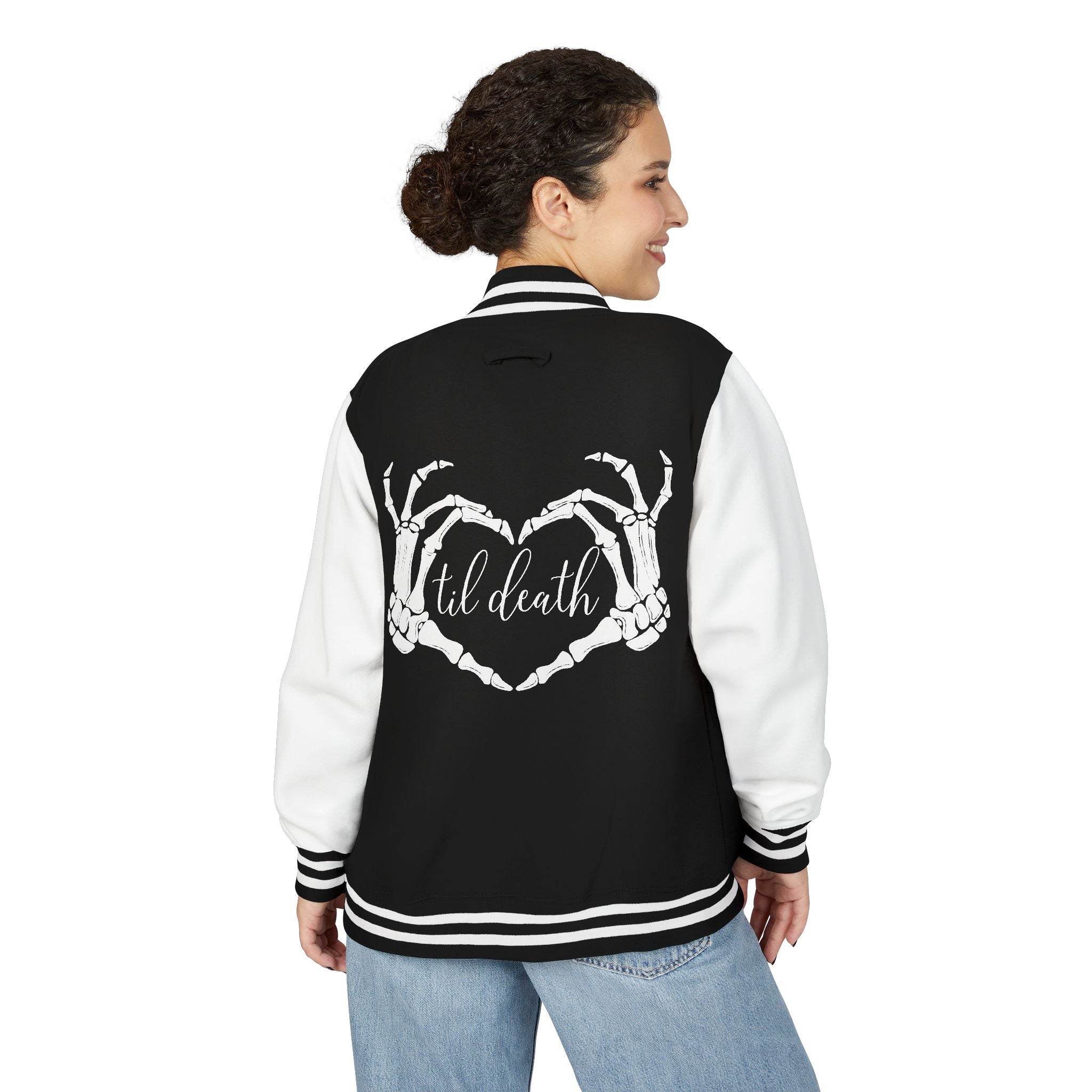 Mrs. Letterman Jacket — 'Til Death Skeleton Heart Hands Varsity Jacket
