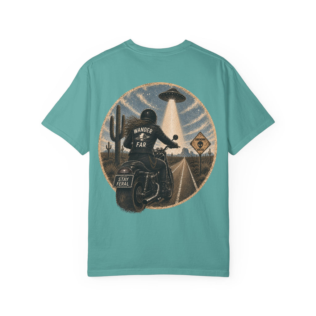Alien Abduction Motorcycle T‑Shirt — Sci‑Fi Desert Rider Tee